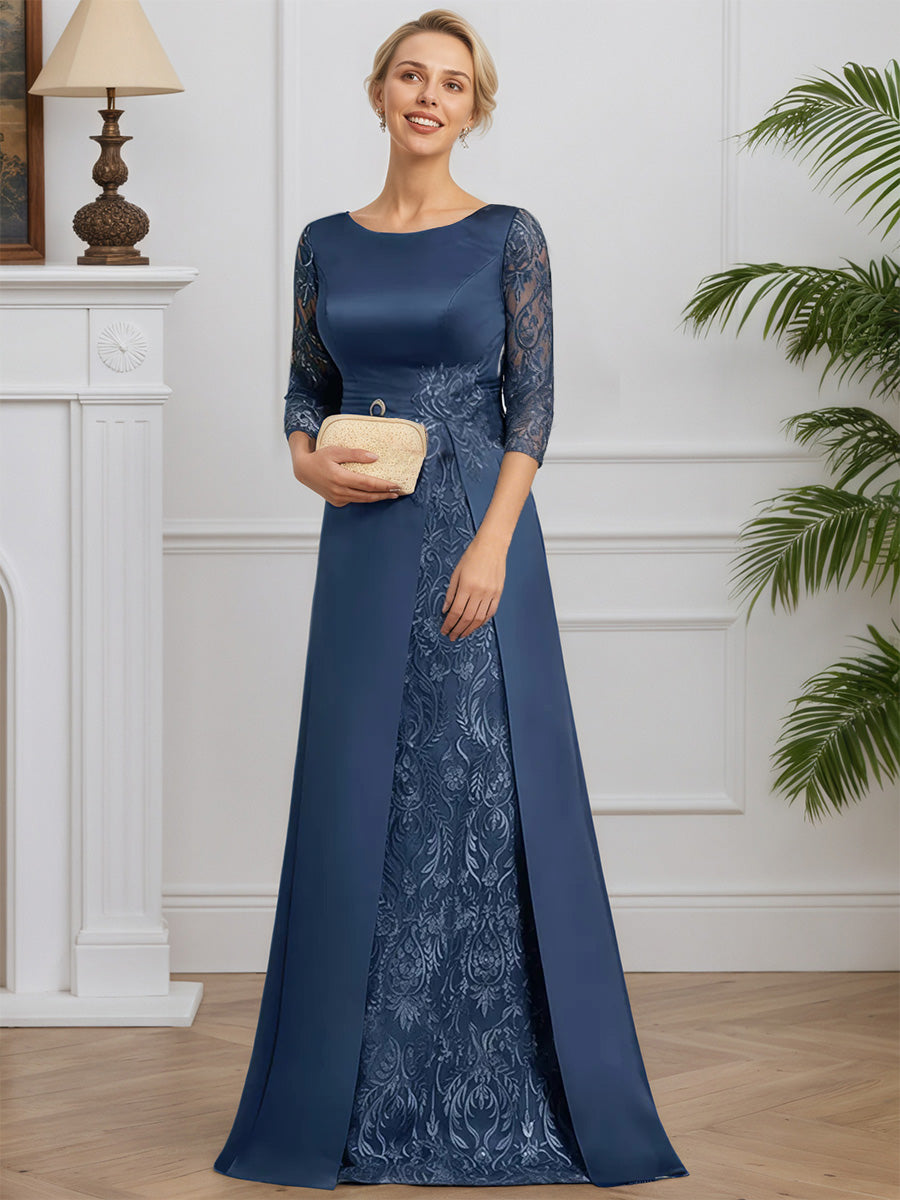 Cicinia Ink Blue Mother Of The Bride Dresses Satin Lace 3/4 Sleeves Round Neck A-Line Floor Length