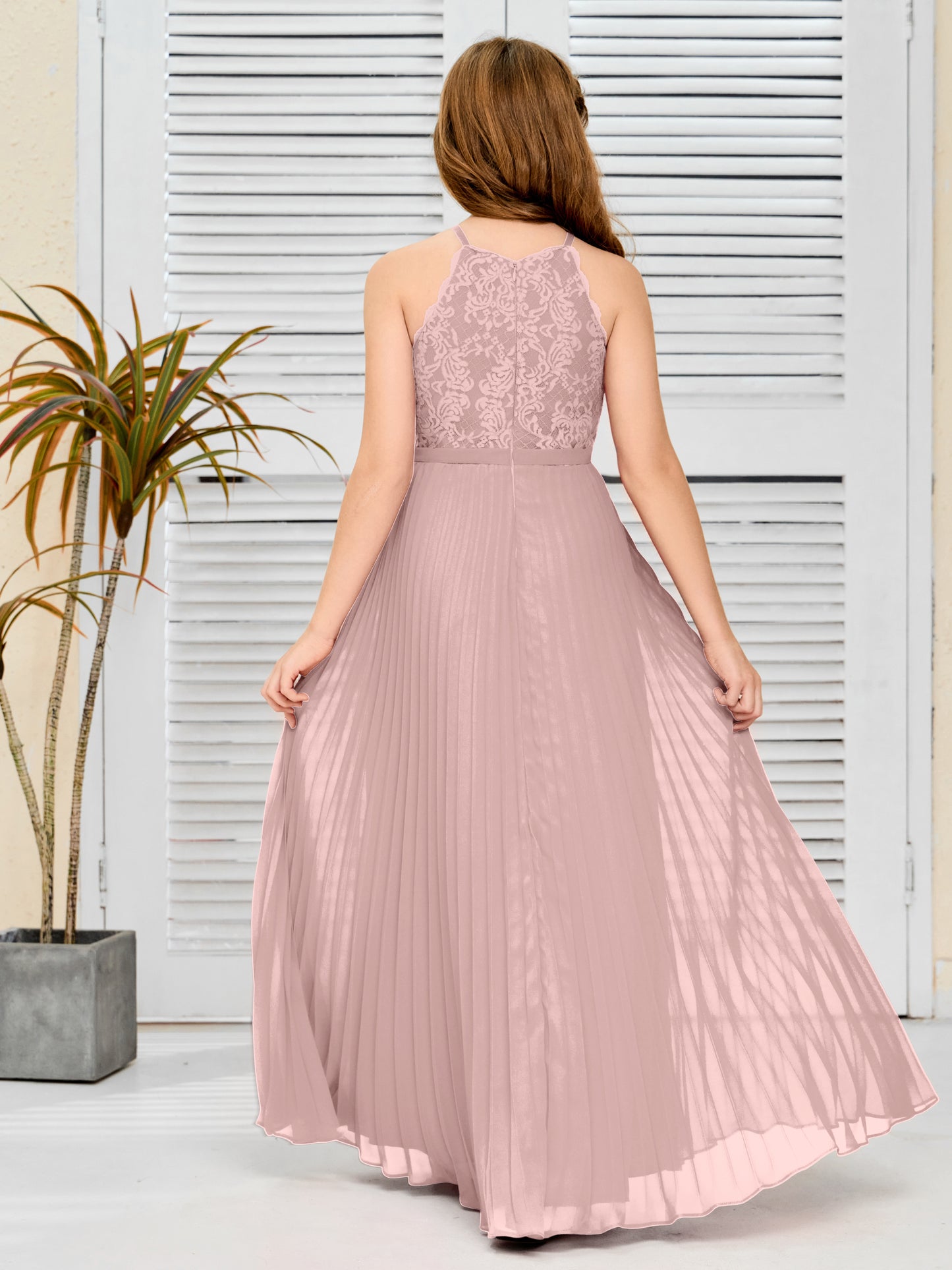 Halter Lace Sleeveless Junior Bridesmaid Dress