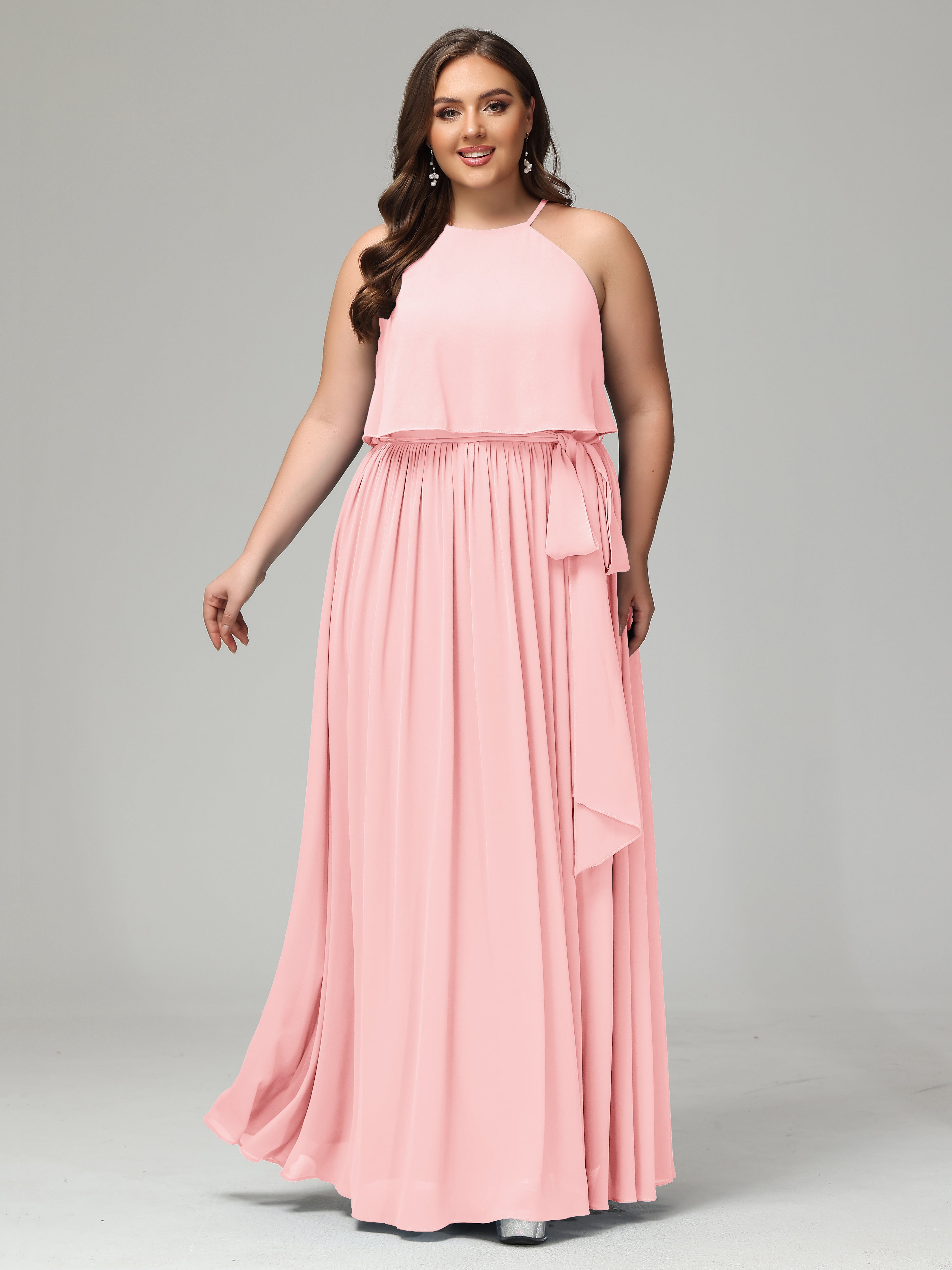 Halter Zipper Chiffon Plus Size Bridesmaid Dresses With Belt