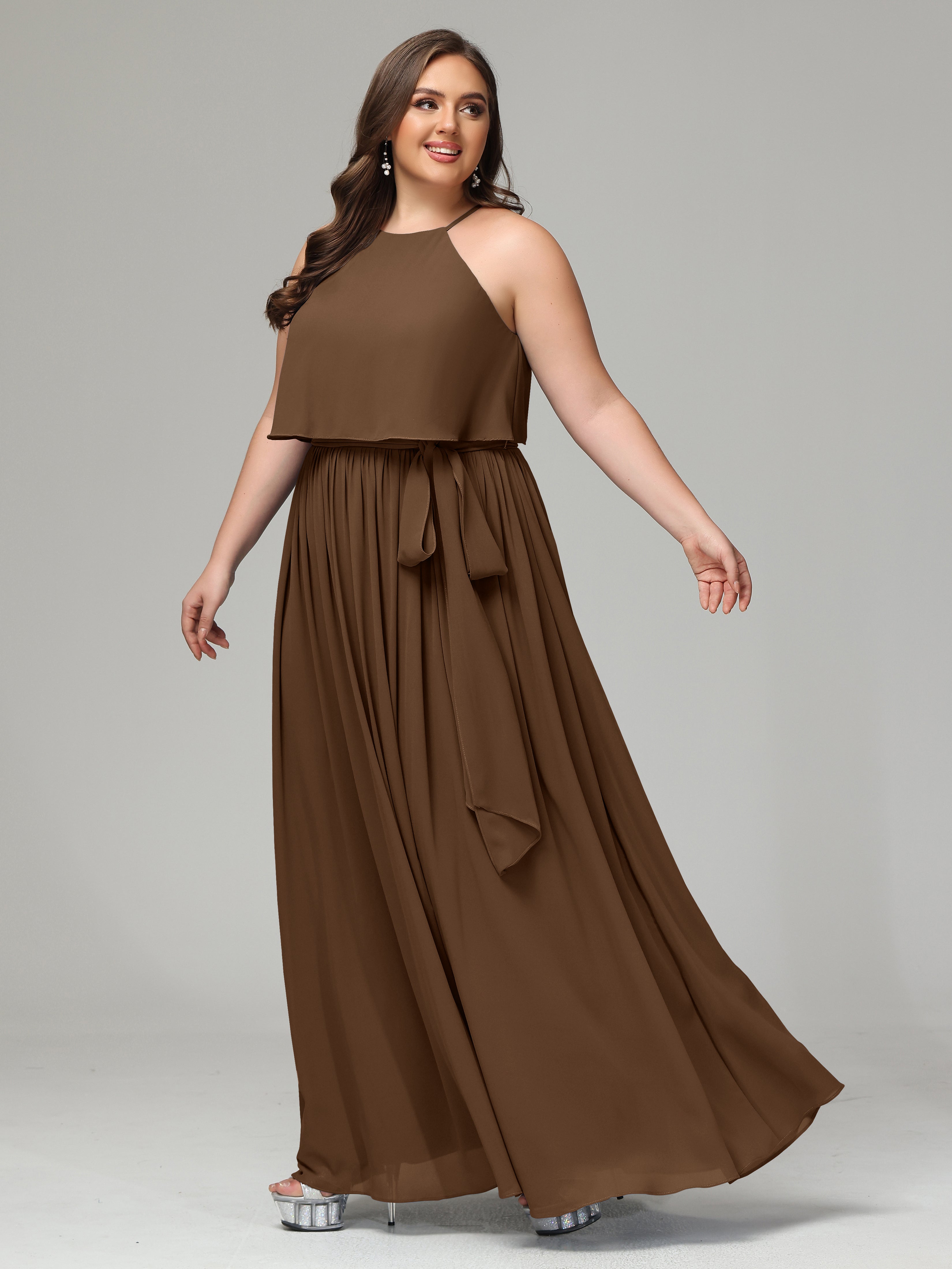 Halter Zipper Chiffon Plus Size Bridesmaid Dresses With Belt