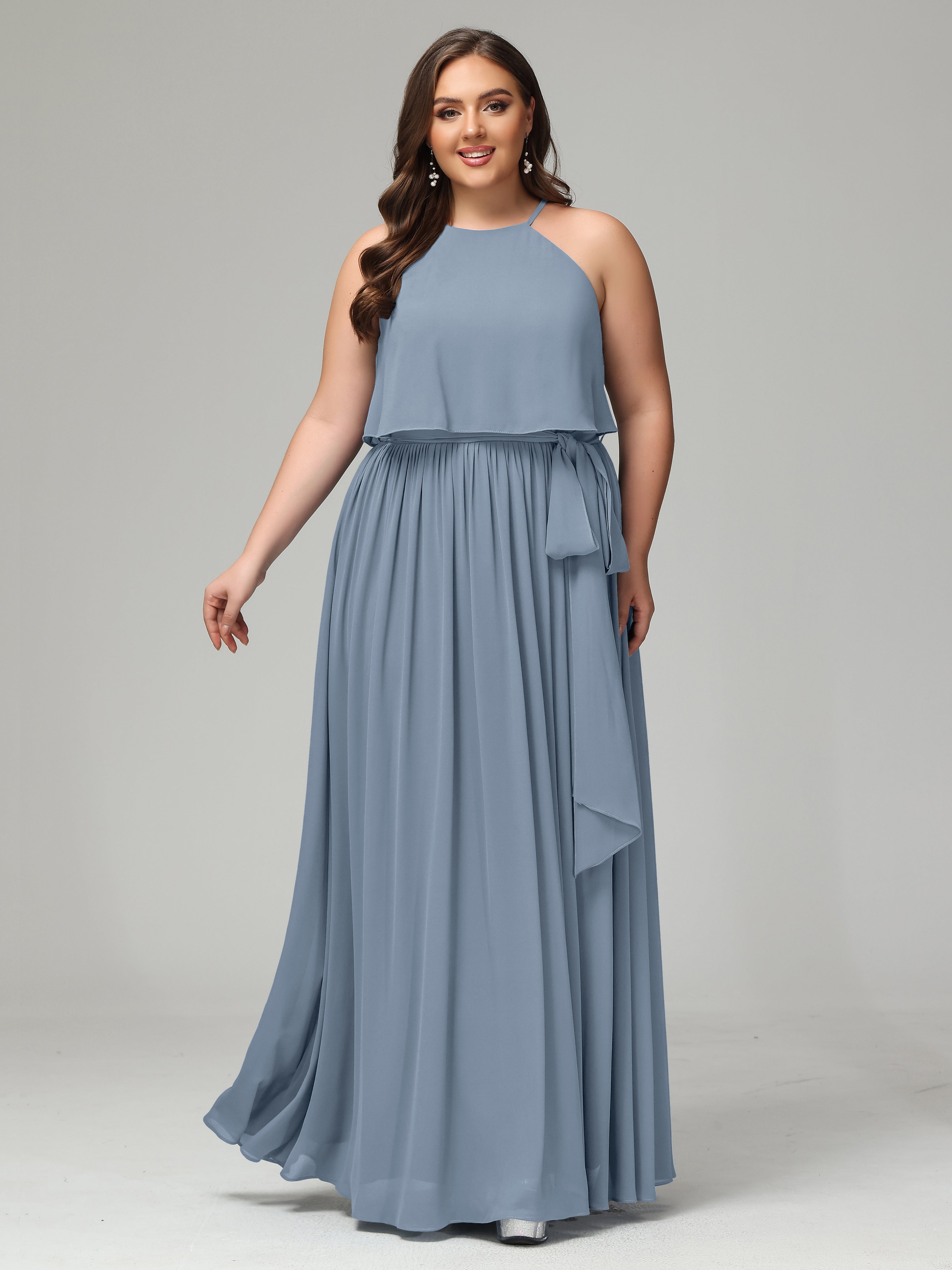 Halter Zipper Chiffon Plus Size Bridesmaid Dresses With Belt