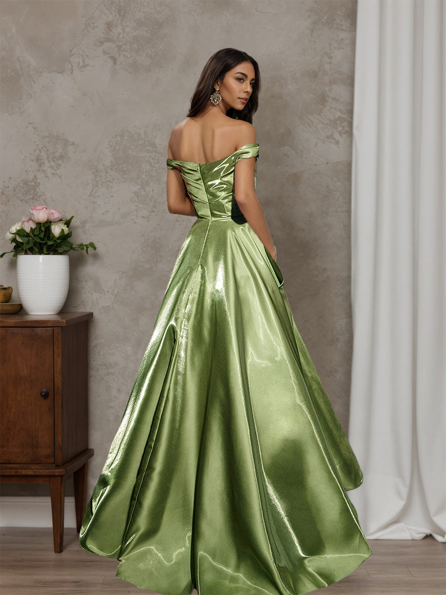 Cicinia Sage Prom Dresses Liquid Satin Off The Shoulder Sweep Train Evening Gown