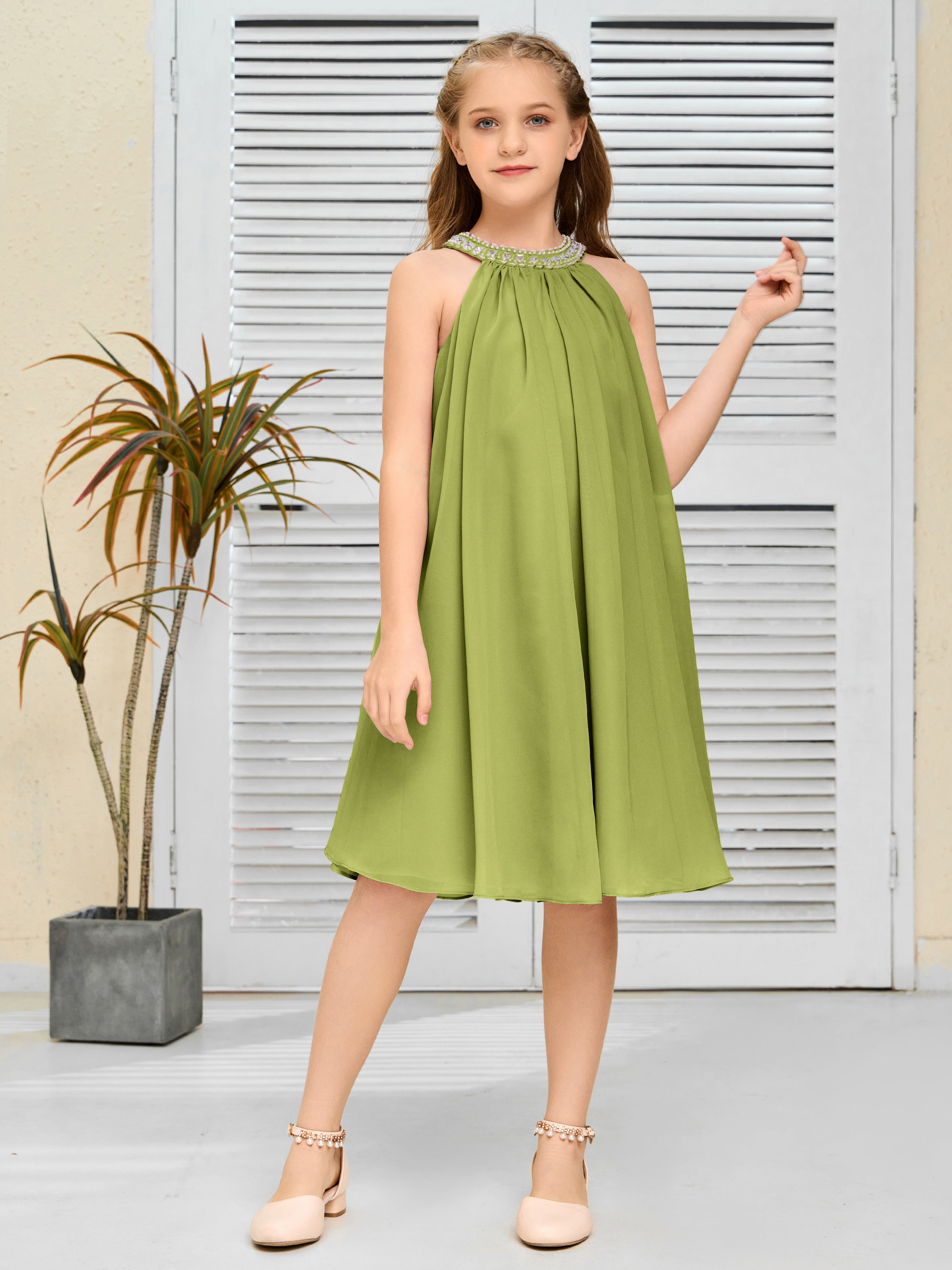 Jewel Knee Length Chiffon Junior Bridesmaid Dress With Beading