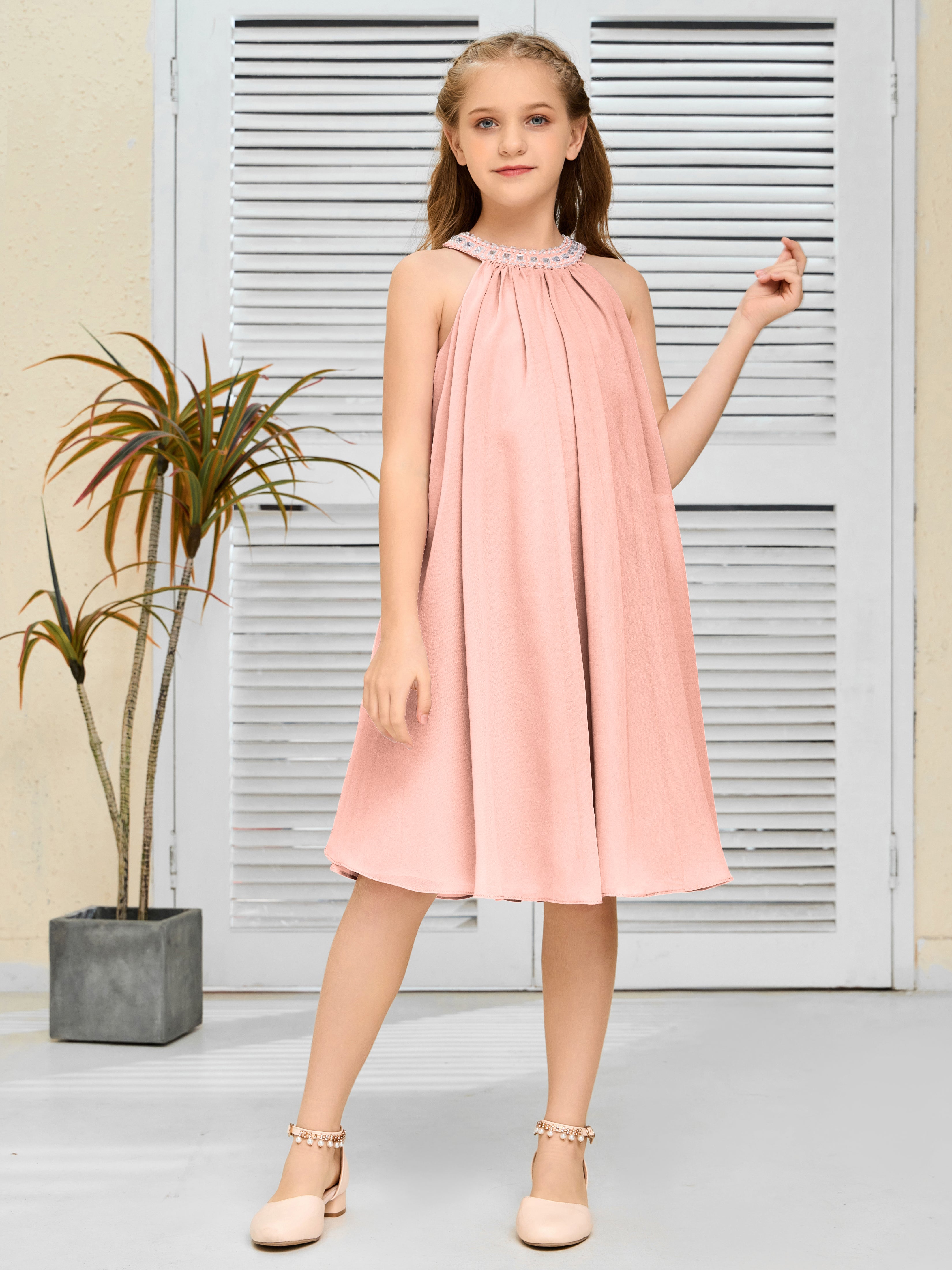 Jewel Knee Length Chiffon Junior Bridesmaid Dress With Beading