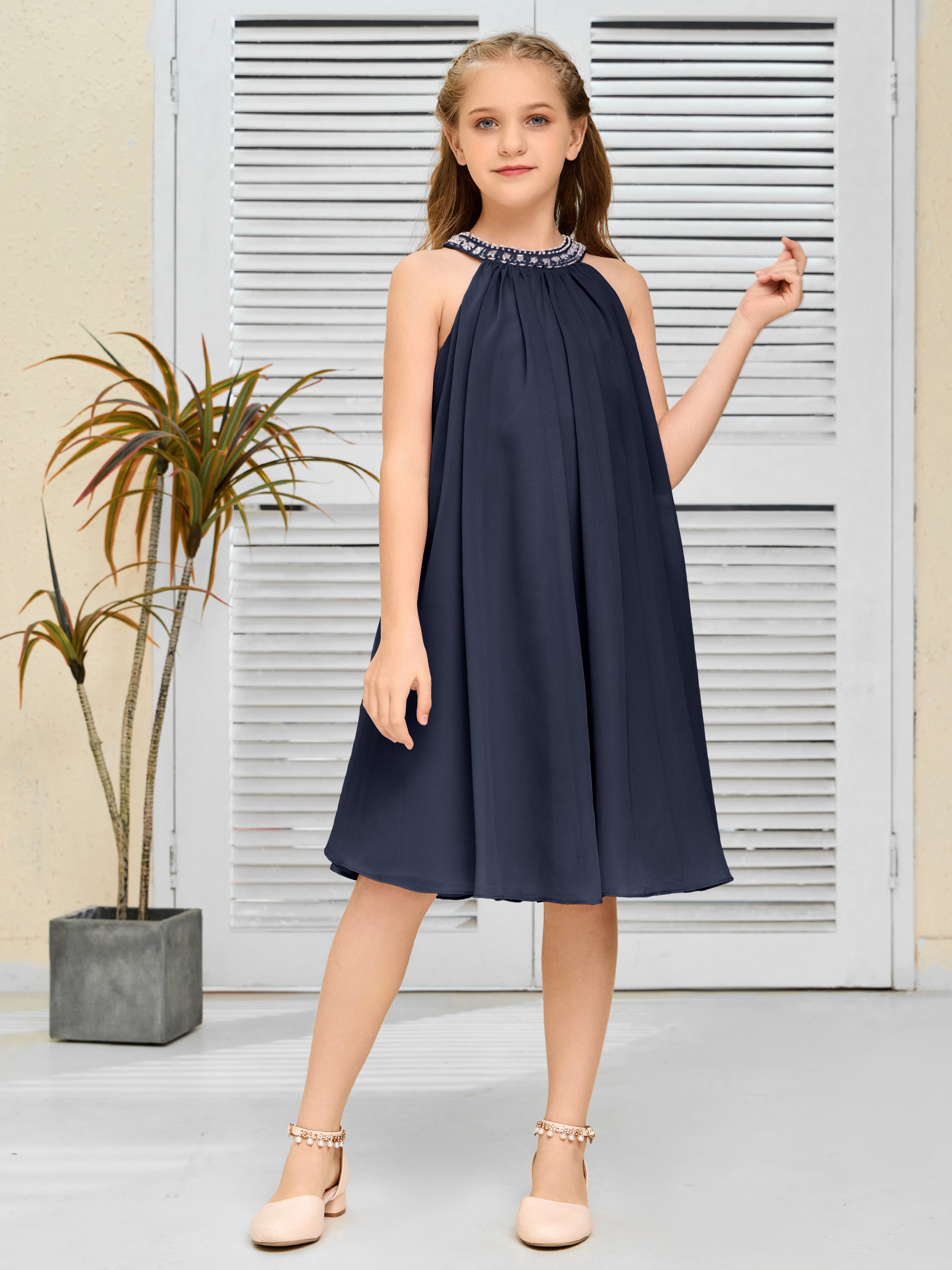 Jewel Knee Length Chiffon Junior Bridesmaid Dress With Beading