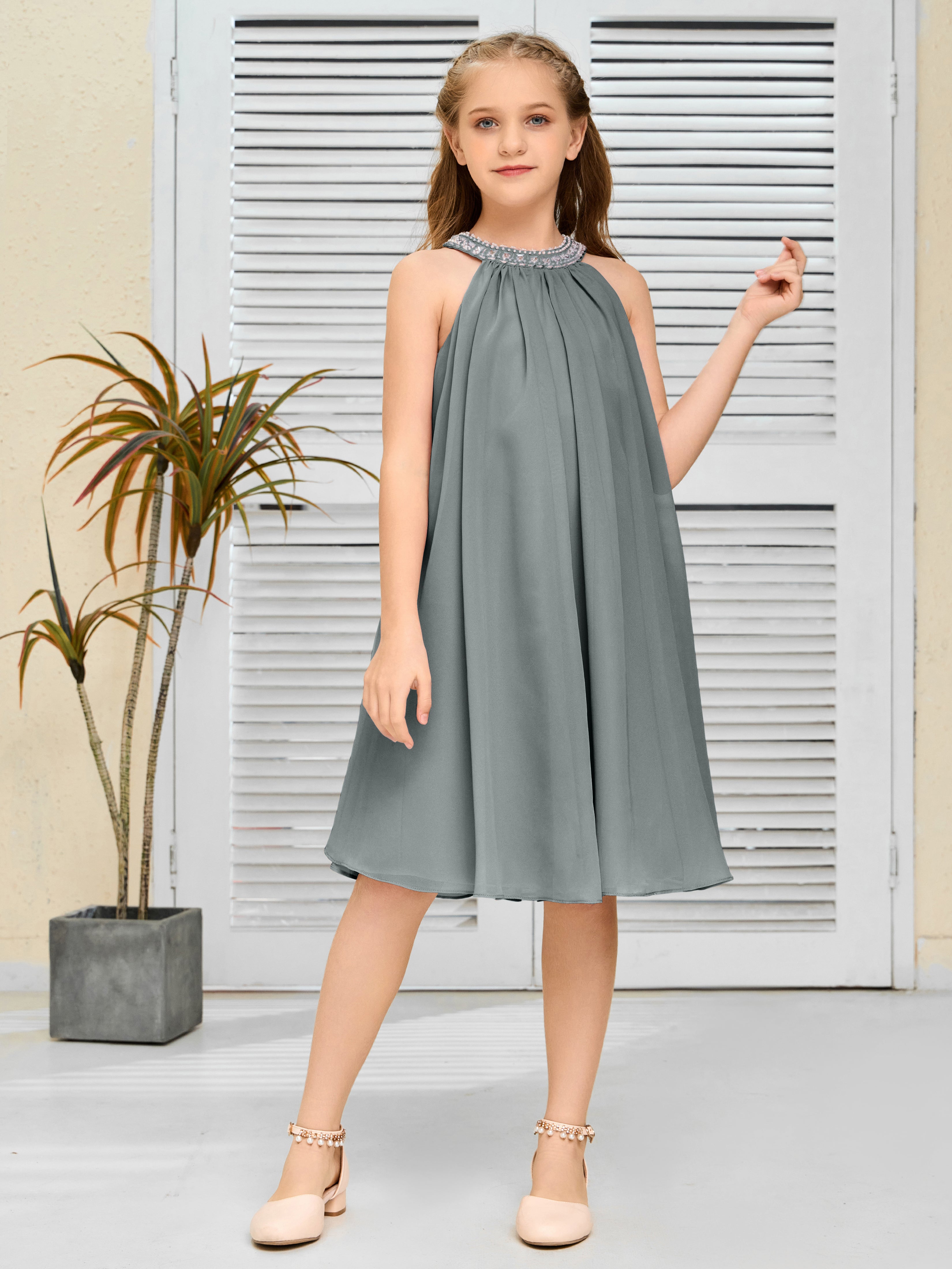 Jewel Knee Length Chiffon Junior Bridesmaid Dress With Beading