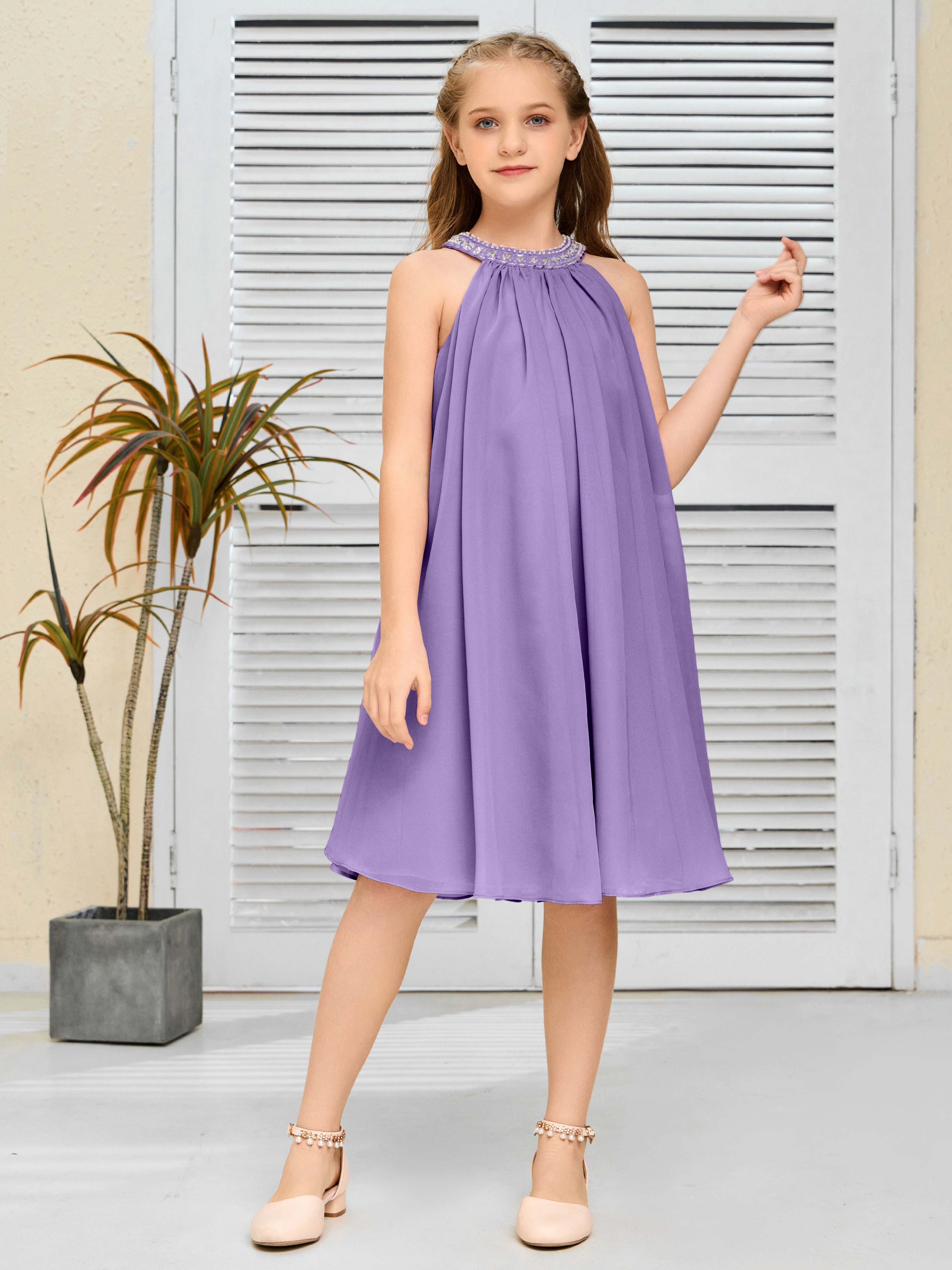 Jewel Knee Length Chiffon Junior Bridesmaid Dress With Beading