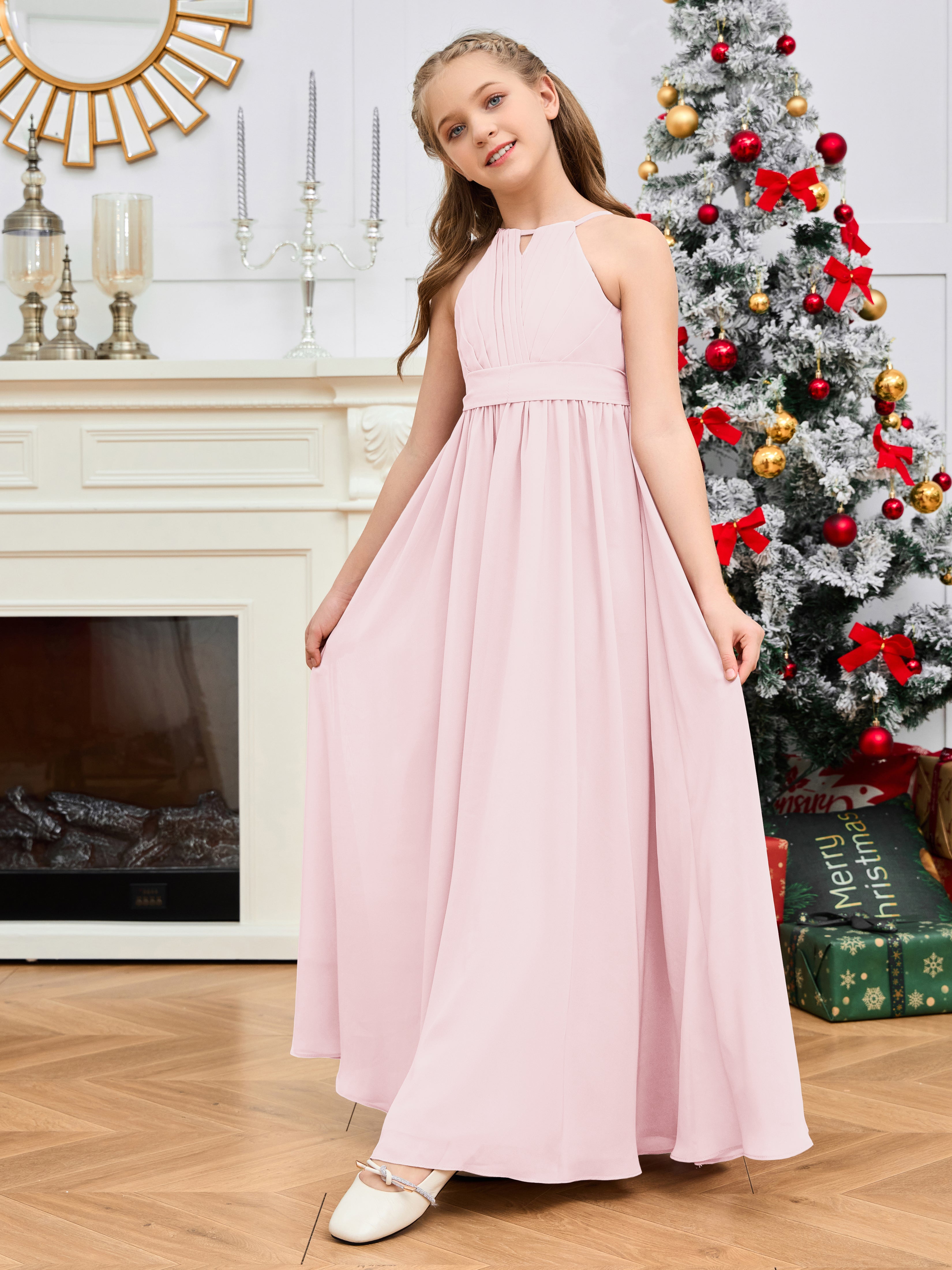 Jewel Zipper Back Long Chiffon Junior Bridesmaid Dress