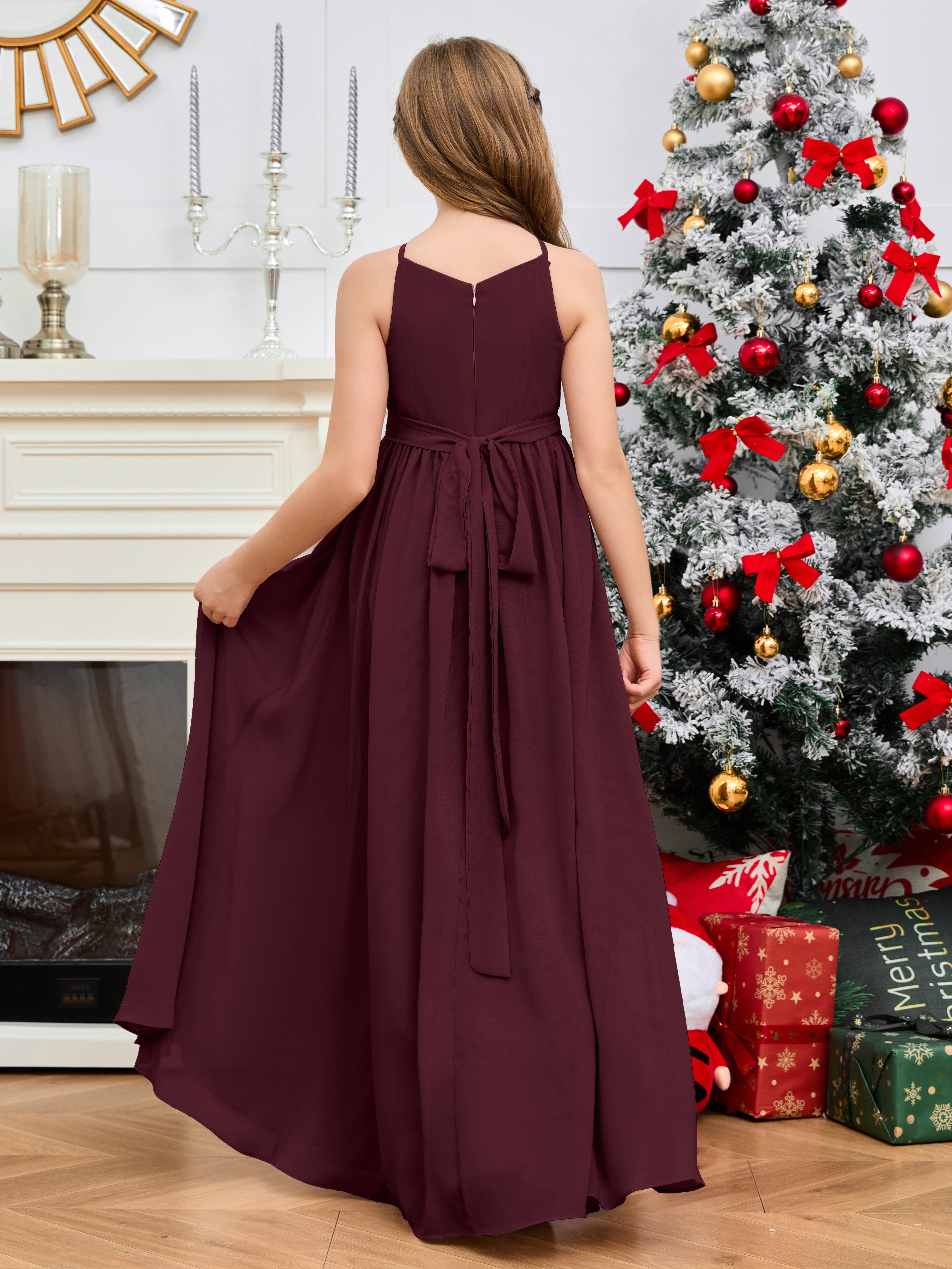 Jewel Zipper Back Long Chiffon Junior Bridesmaid Dress