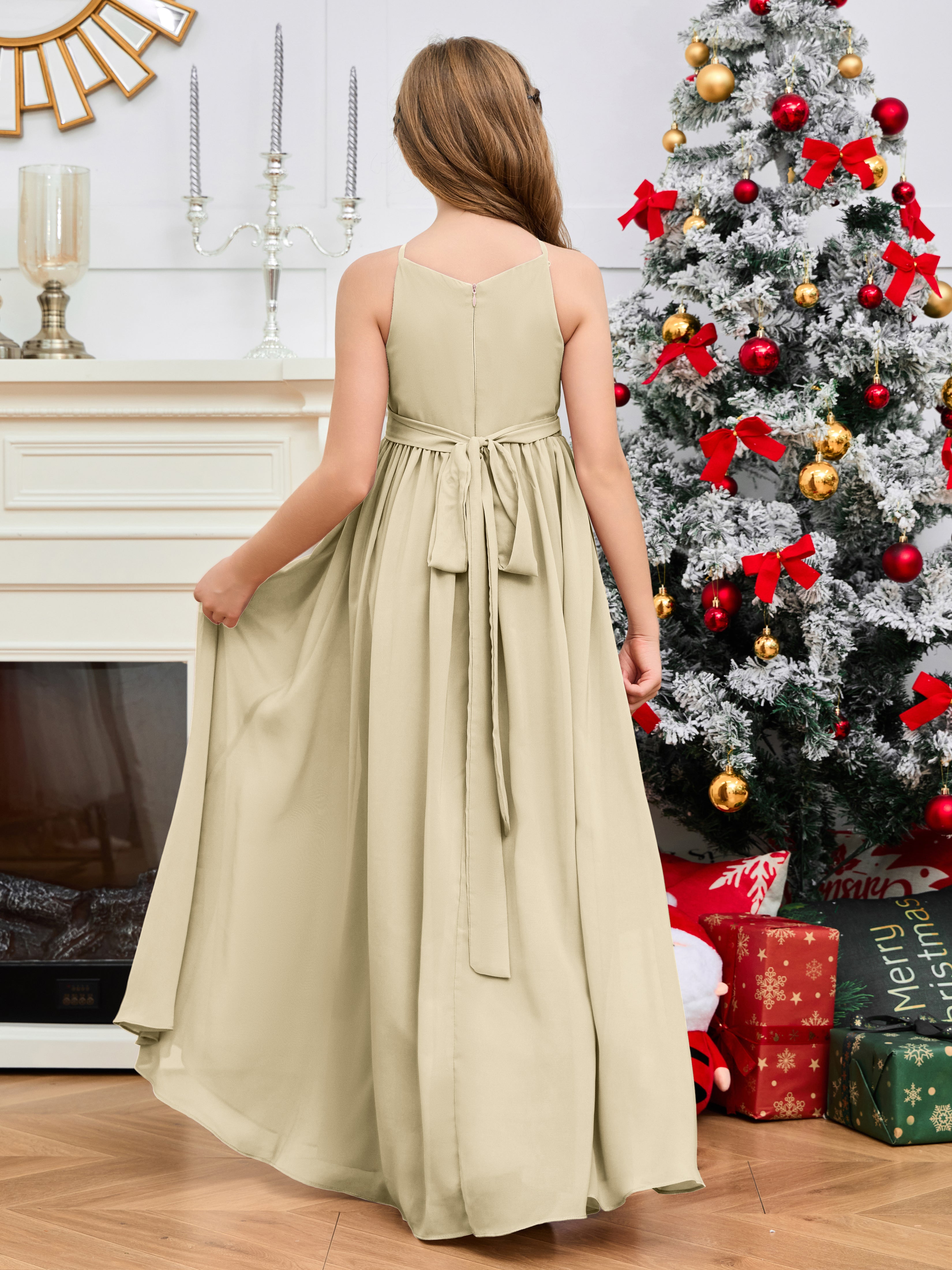 Jewel Zipper Back Long Chiffon Junior Bridesmaid Dress