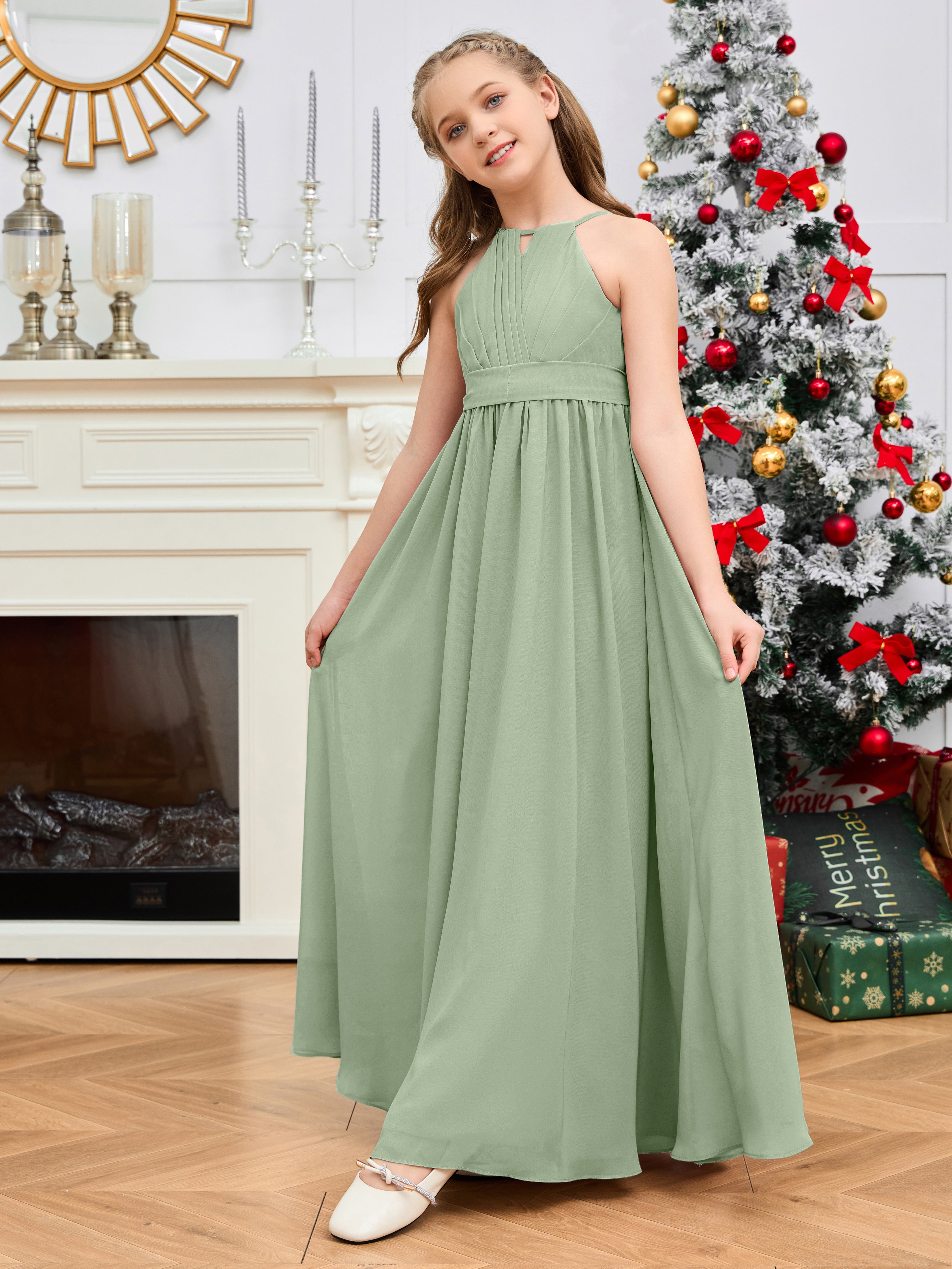 Jewel Zipper Back Long Chiffon Junior Bridesmaid Dress