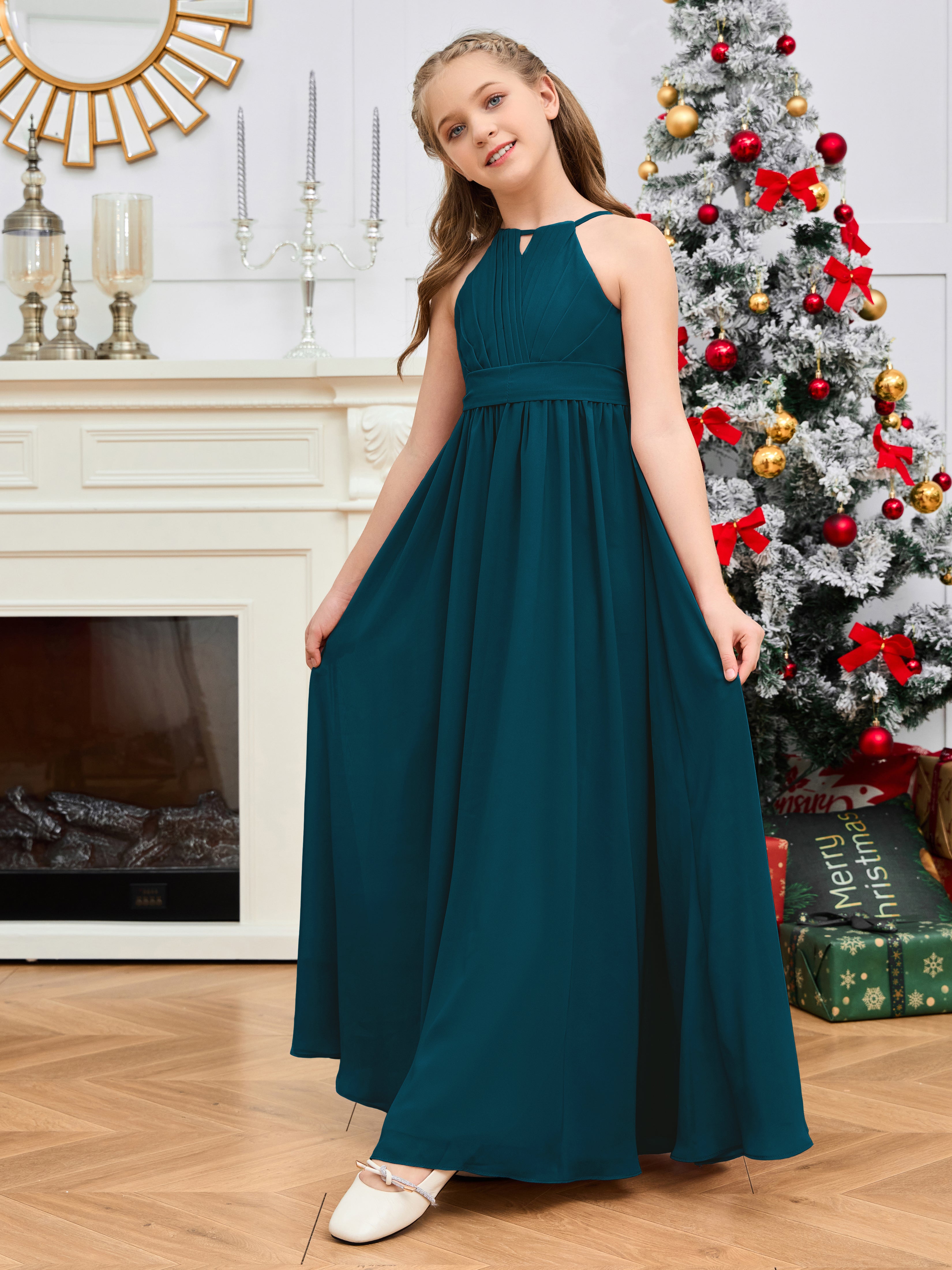 Jewel Zipper Back Long Chiffon Junior Bridesmaid Dress