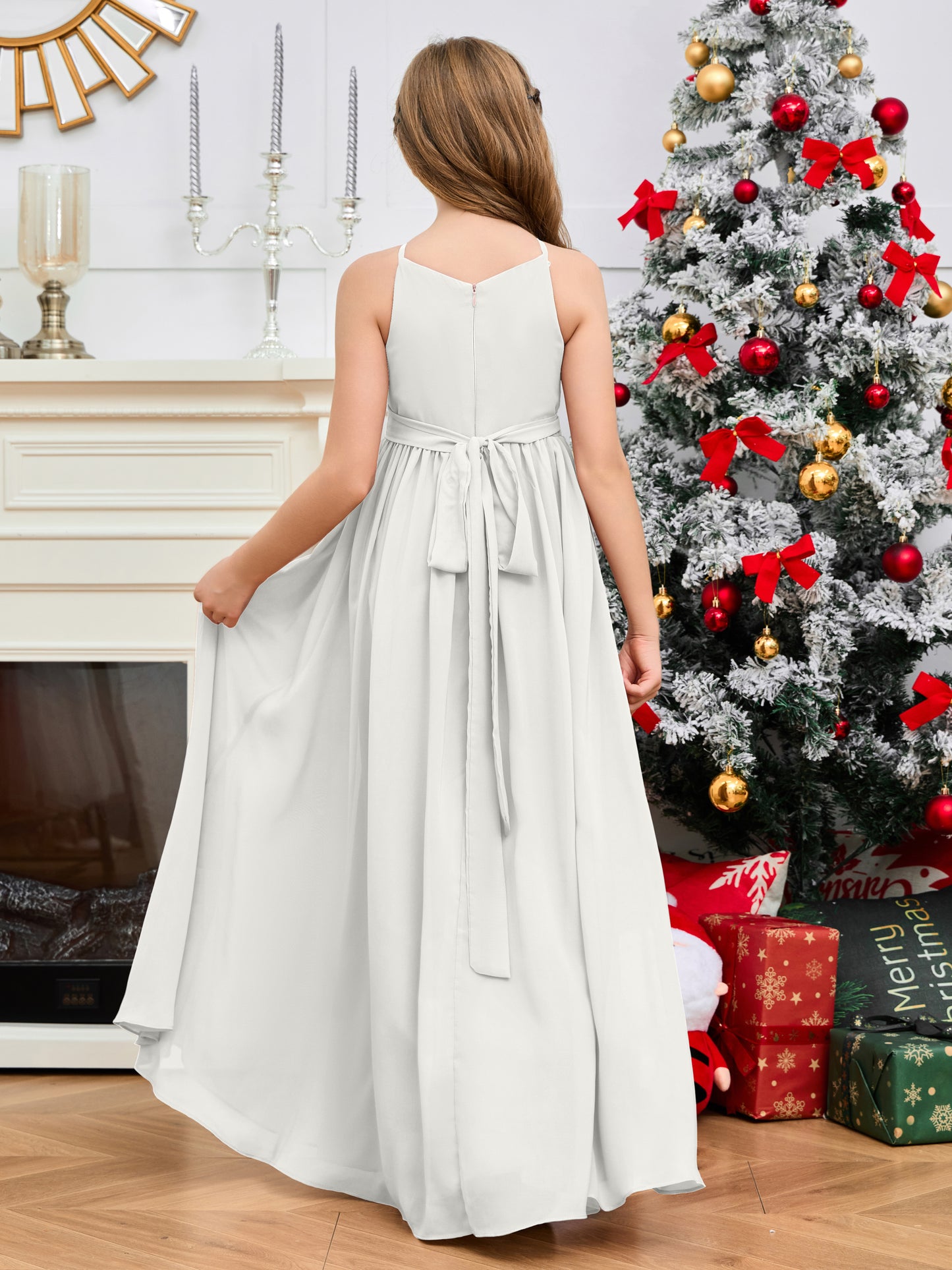 Jewel Zipper Back Long Chiffon Junior Bridesmaid Dress