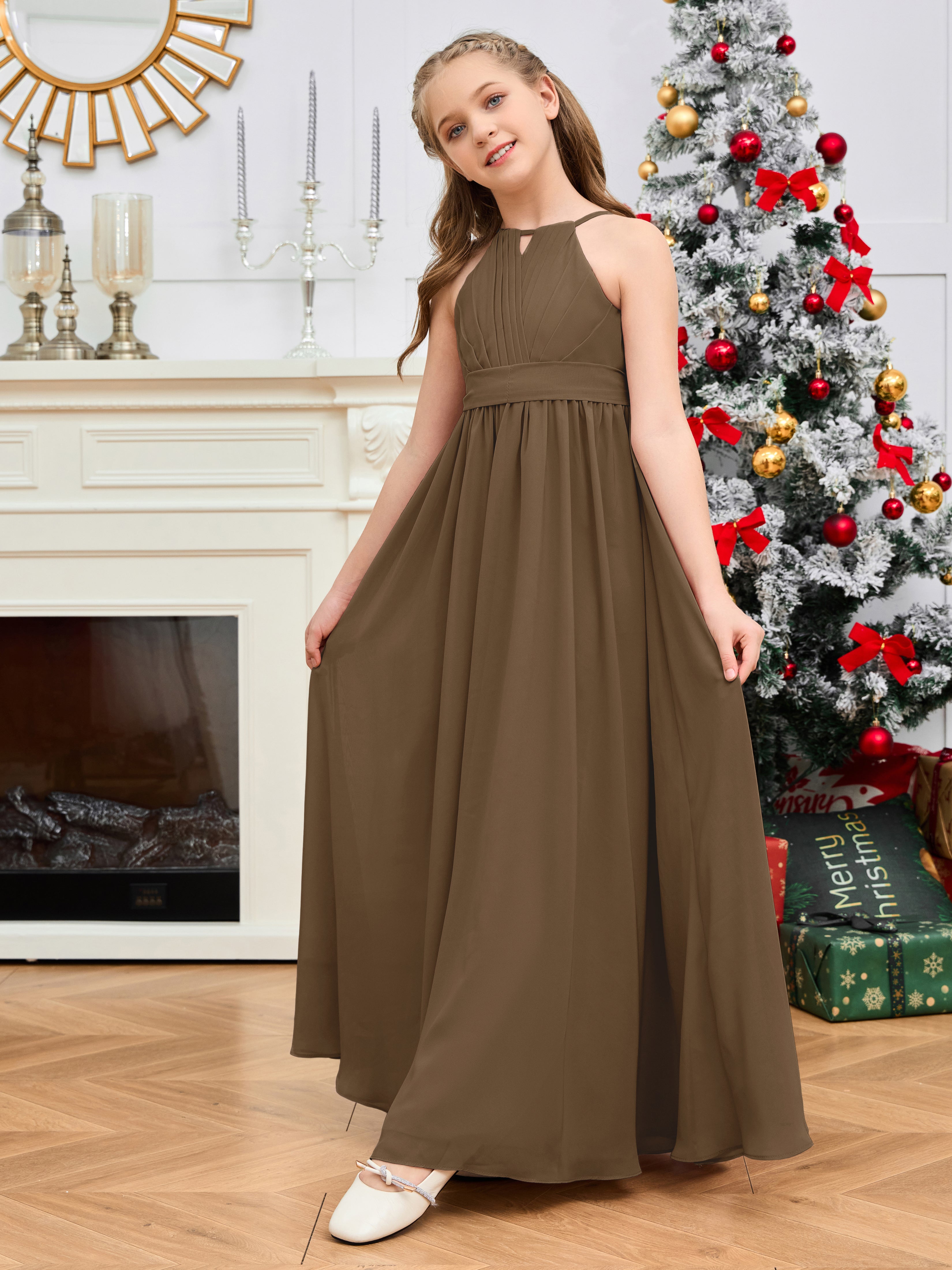 Jewel Zipper Back Long Chiffon Junior Bridesmaid Dress