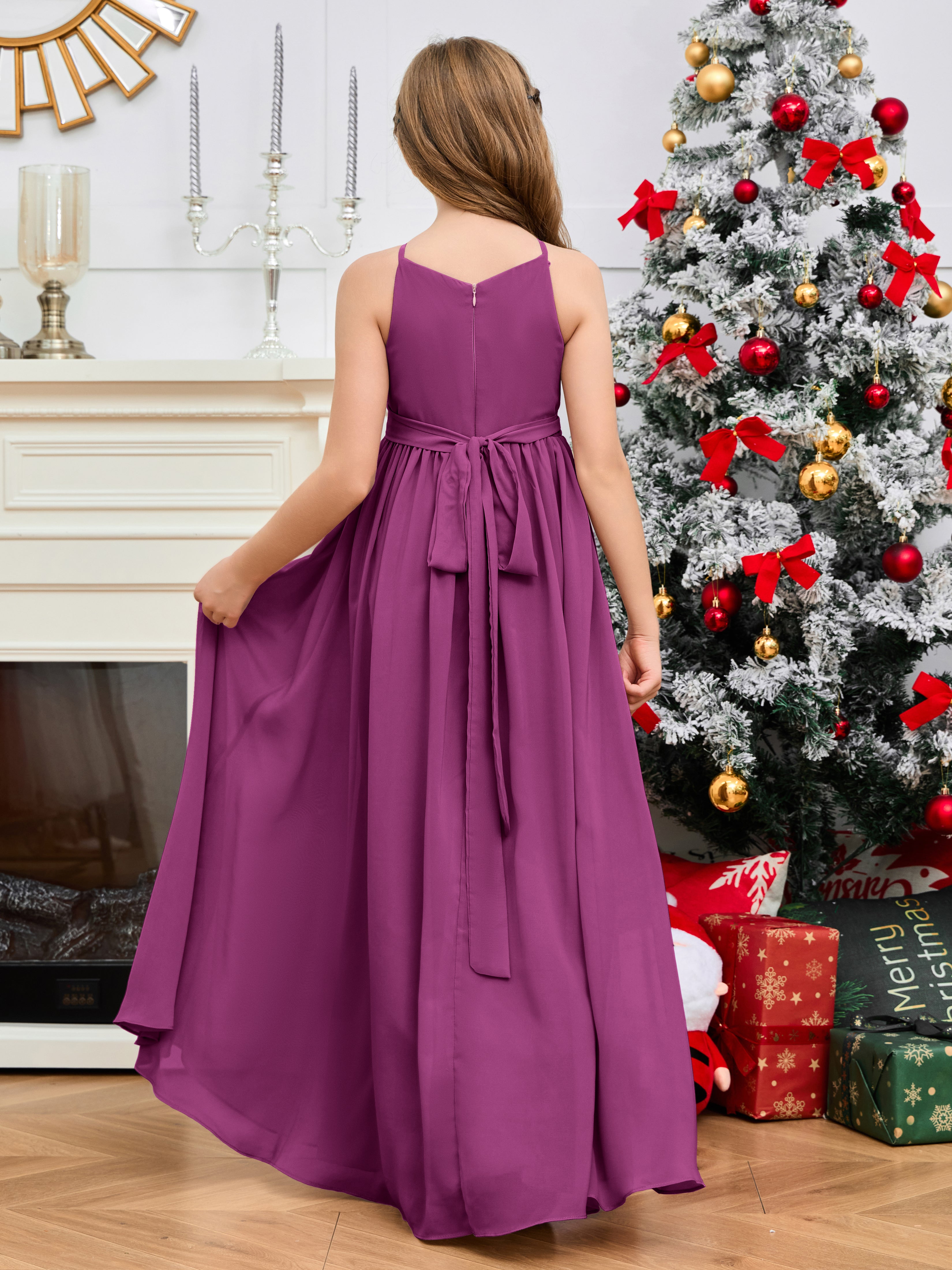 Jewel Zipper Back Long Chiffon Junior Bridesmaid Dress