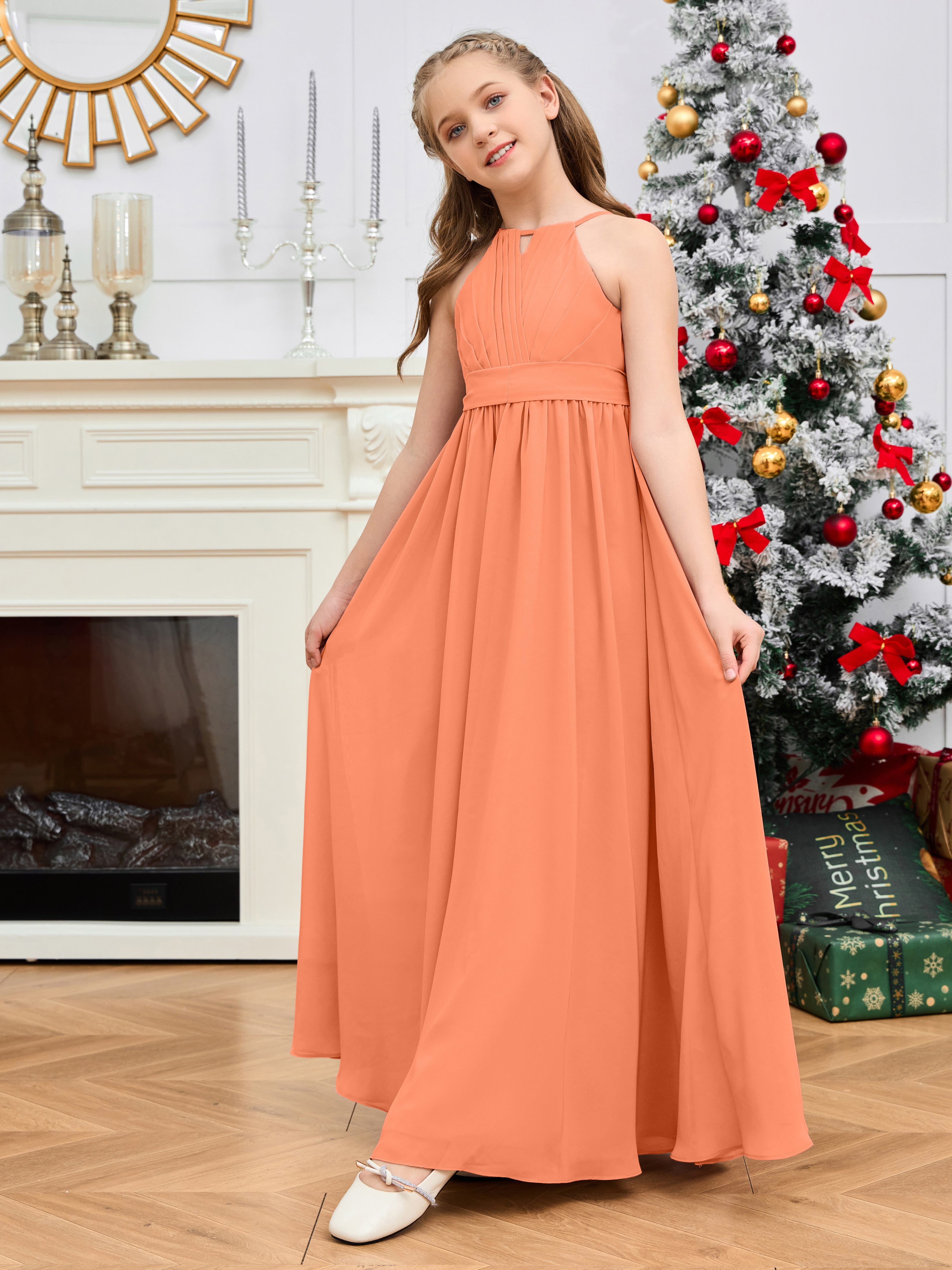 Jewel Zipper Back Long Chiffon Junior Bridesmaid Dress