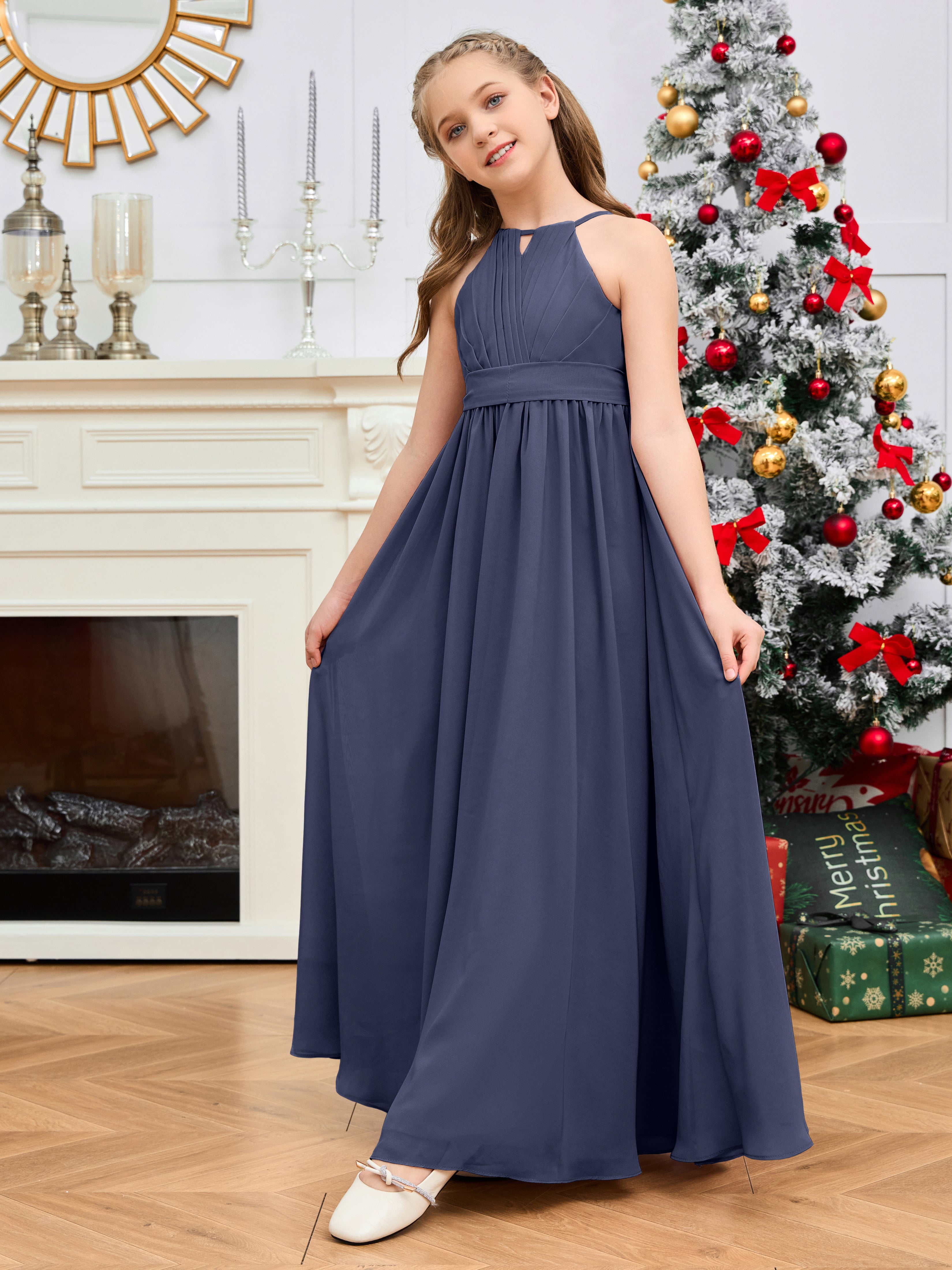 Jewel Zipper Back Long Chiffon Junior Bridesmaid Dress