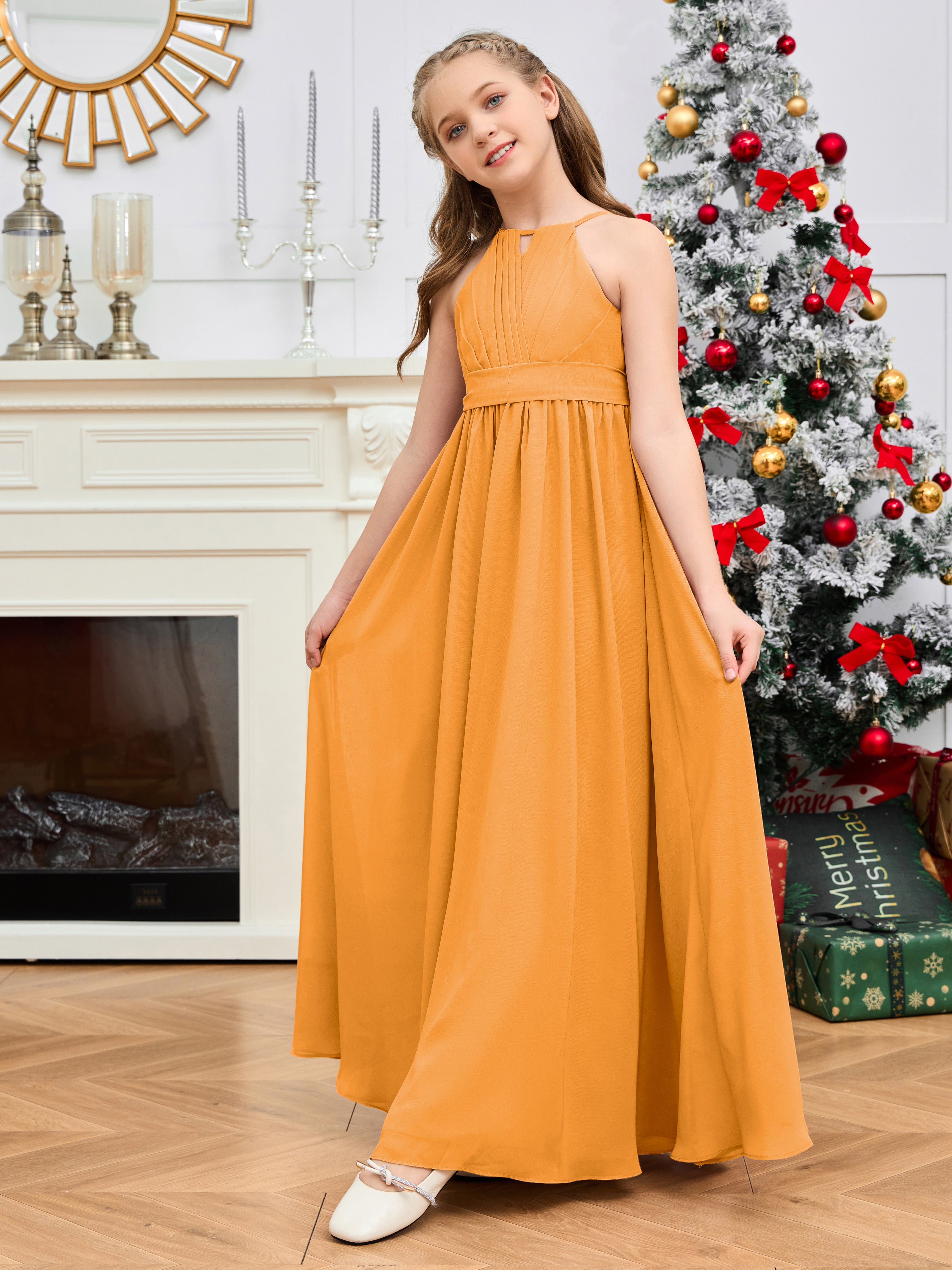 Jewel Zipper Back Long Chiffon Junior Bridesmaid Dress