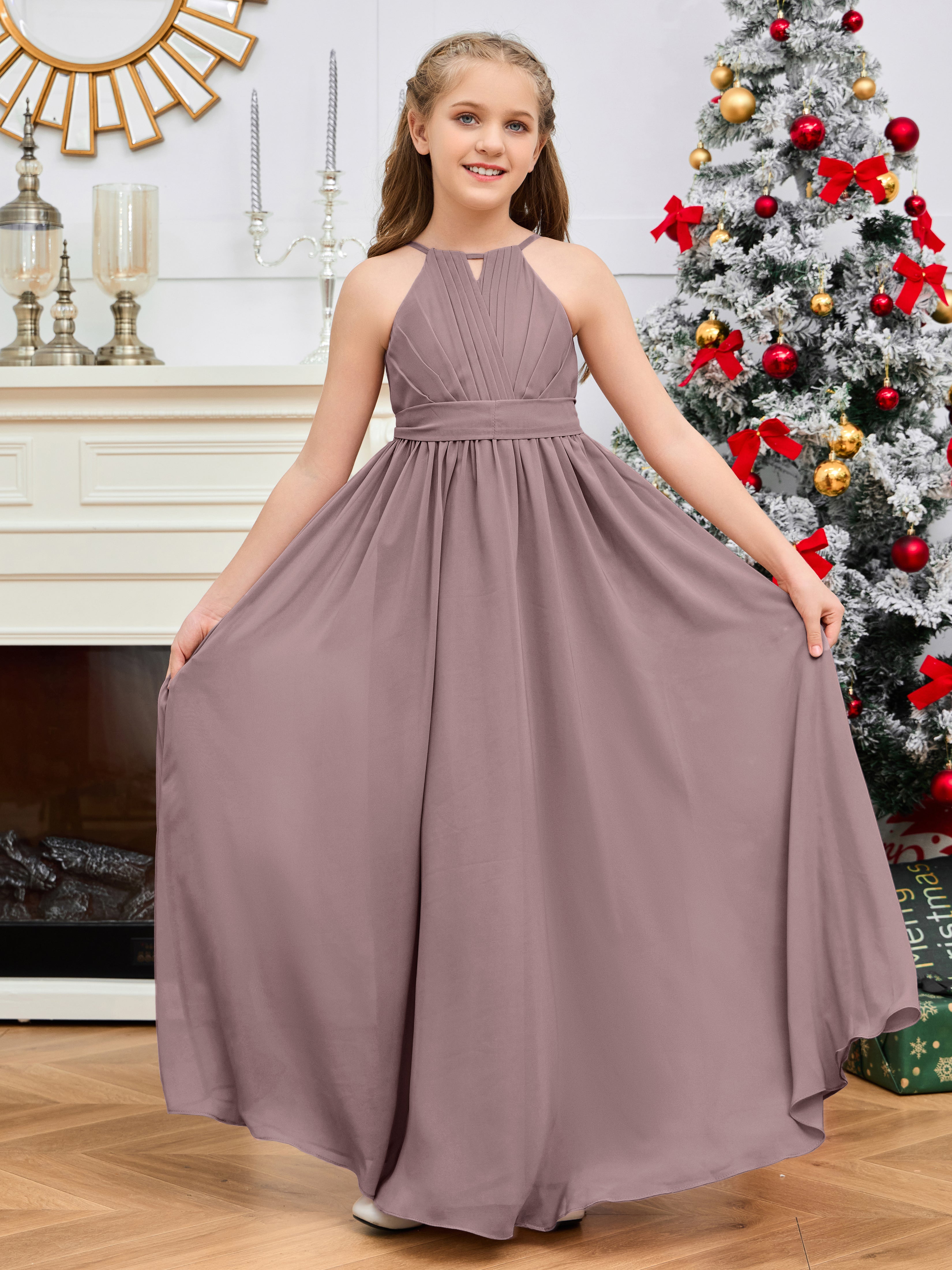 Jewel Zipper Back Long Chiffon Junior Bridesmaid Dress