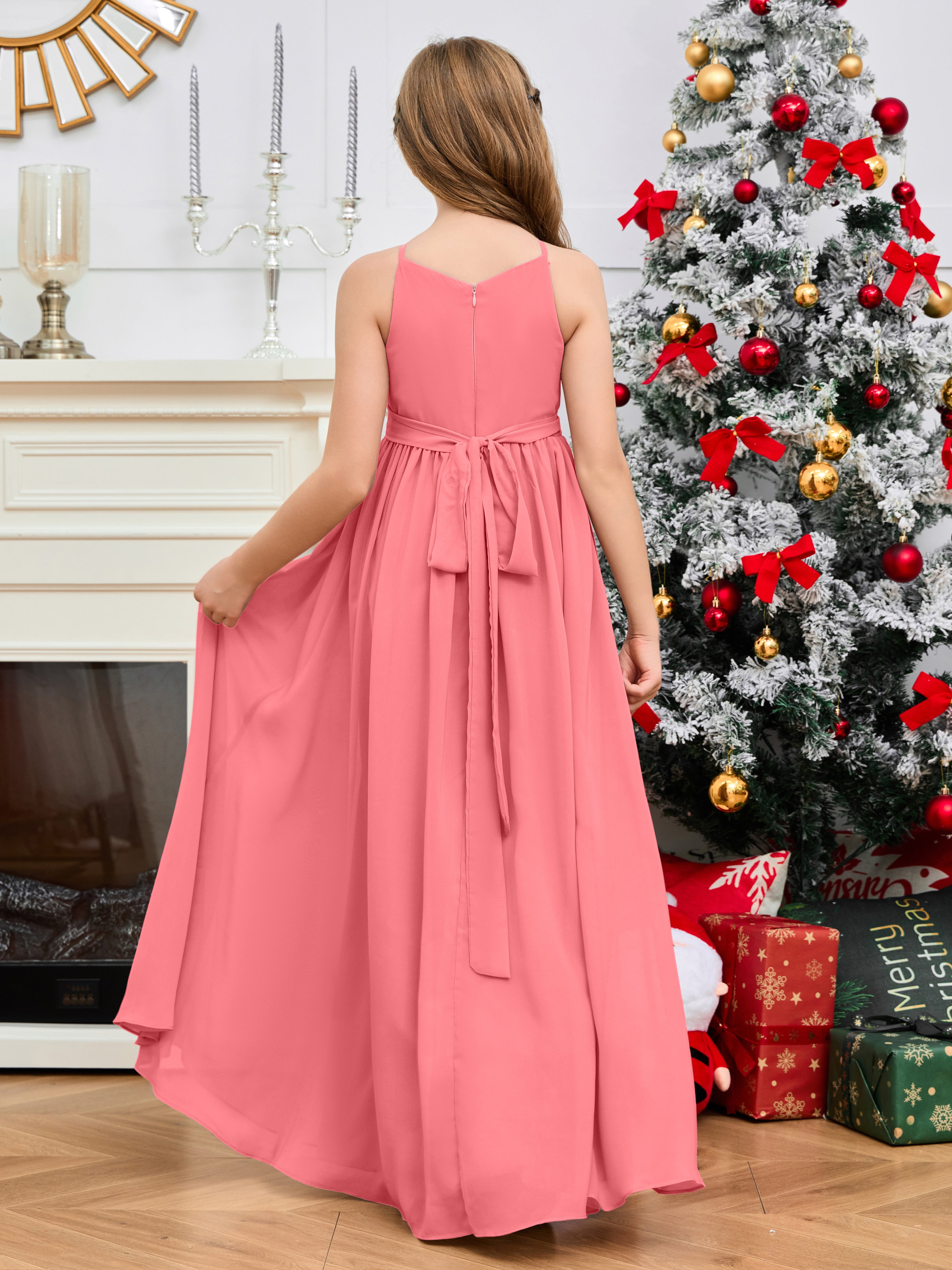 Jewel Zipper Back Long Chiffon Junior Bridesmaid Dress