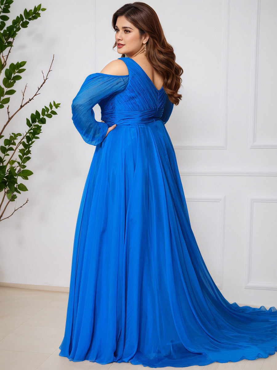 Cicinia Royal Blue V-Neck Sleeves A-Line Plus Size Prom Dress with Split