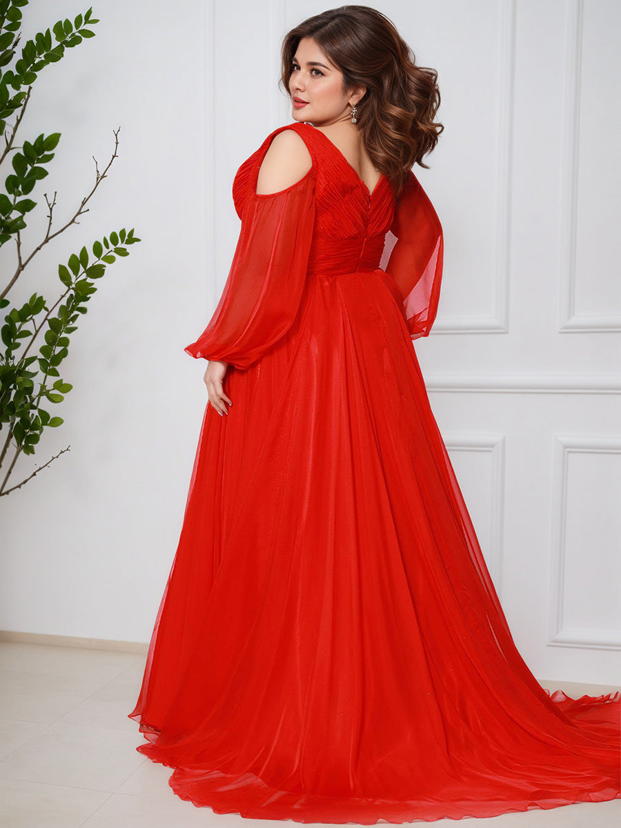 Cicinia Red V-Neck Sleeves A-Line Plus Size Prom Dress with Split