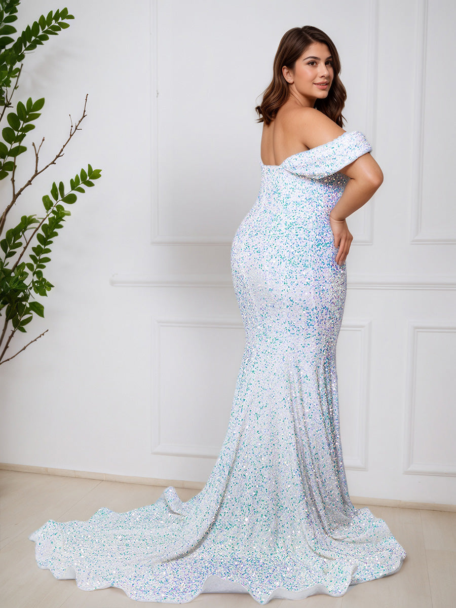 Cicinia White Off The Shoulder Mermaid Sequins Plus Size Prom Dress with Sweep Train