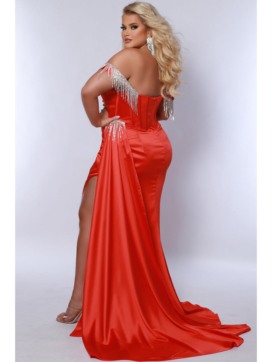 Cicinia Burnt Orange Tassels Off The Shoulder Sheath Sweep Train Plus Size Prom Dress