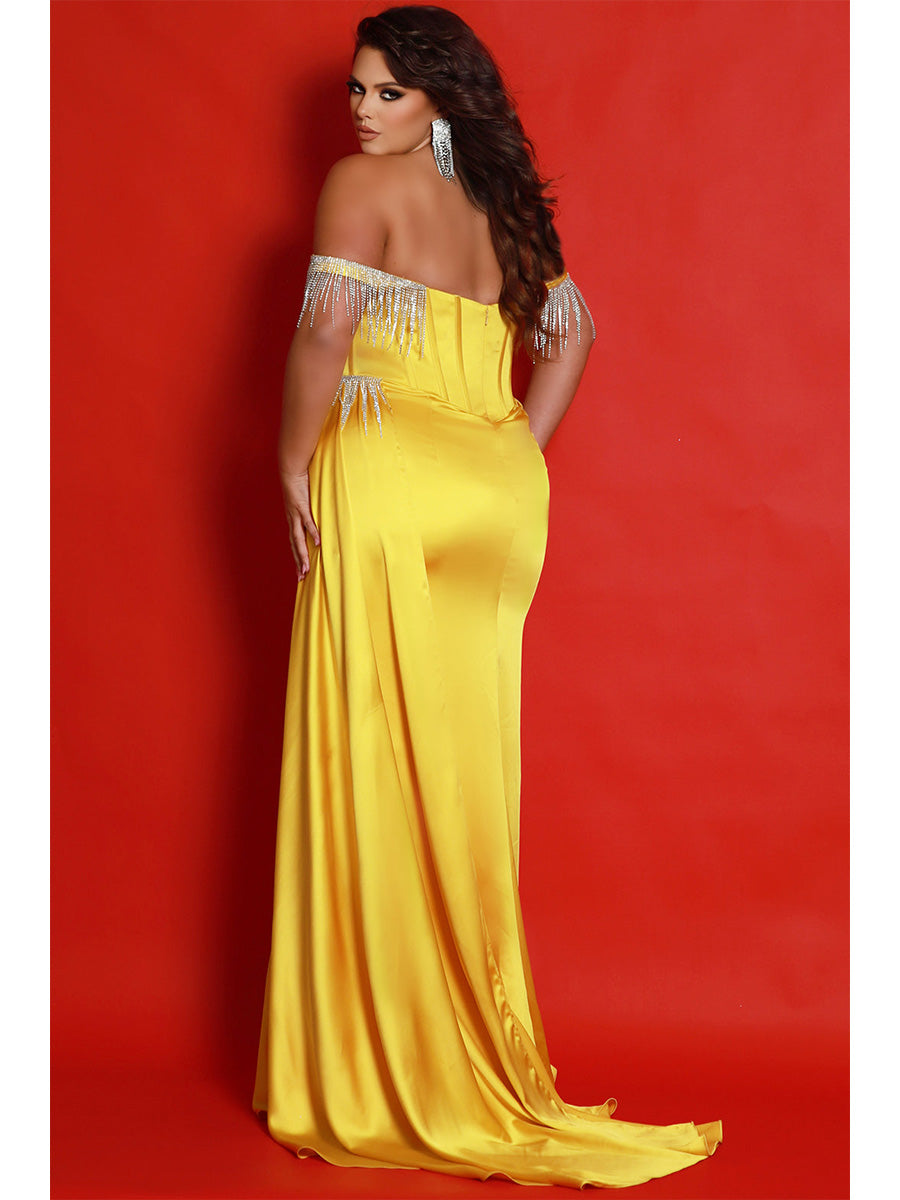 Cicinia Yellow Tassels Off The Shoulder Sheath Sweep Train Plus Size Prom Dress