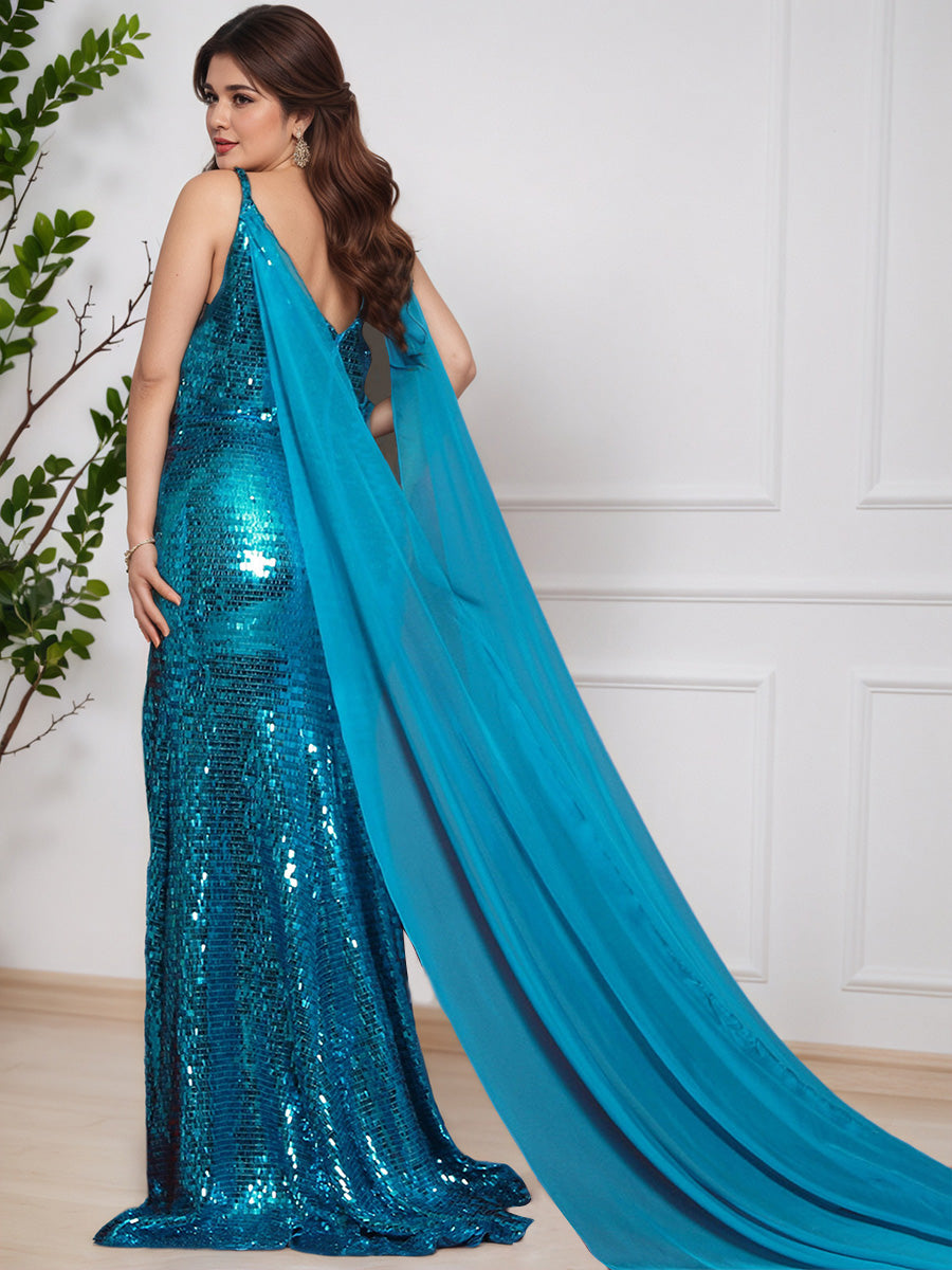 Cicinia Shiny Blue Sequin Deep V-Neck Sheath Spaghetti Straps Plus Size Prom Dress