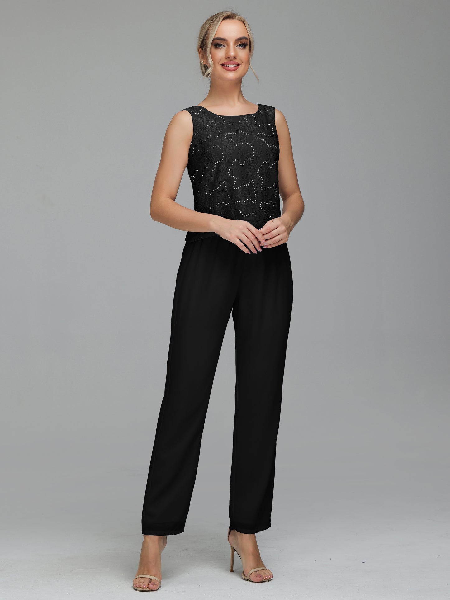 Jumpsuit Separates Scoop Illusion Floor-Length Chiffon Lace Mother of the Bride Dress