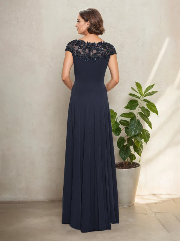 A-Line Round Neck Dark Navy Cap Sleeves Mother Of The Bride Dress