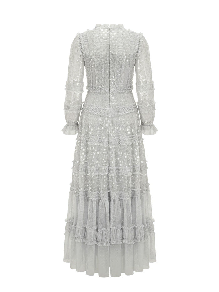 A Line Sequins Solid Color Silver Long Sleeves Prom Dress