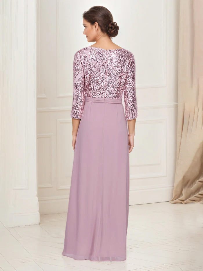 A-Line Sequins Bodice V-Neck 3/4 Sleeves Candy Pink Chiffon Mother Of The Bride Dress