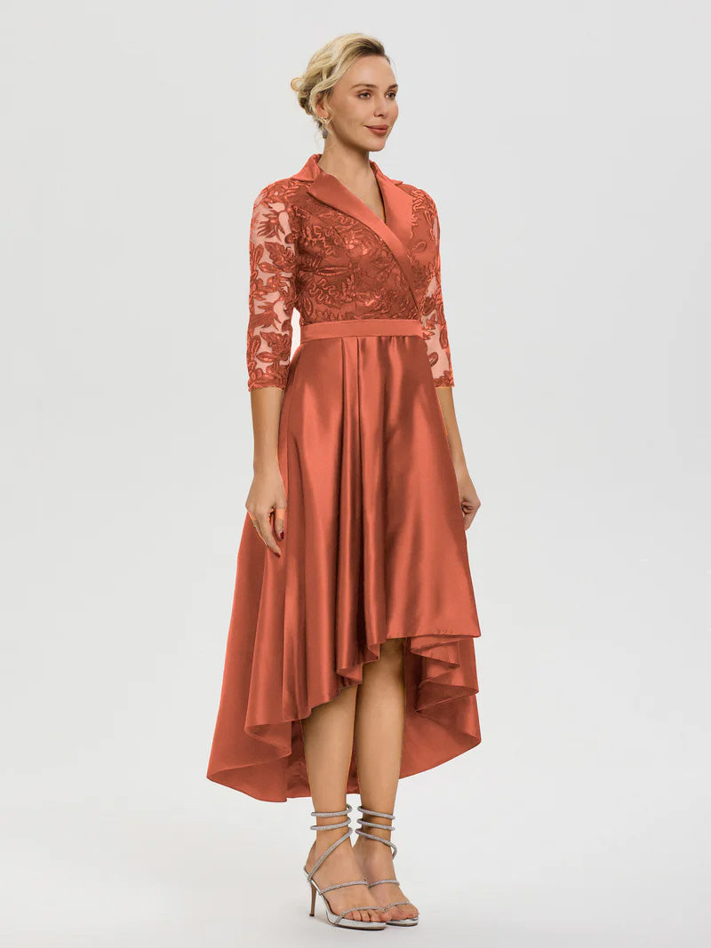 Rust Colored Dresses For Mother Of The Bride Sleeves V-Neck Lace High-Low Satin Mother Of The Bride Dress
