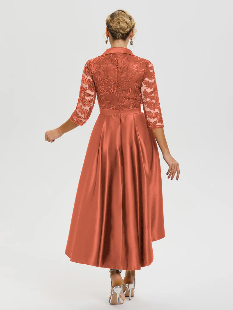 Rust Colored Dresses For Mother Of The Bride Sleeves V-Neck Lace High-Low Satin Mother Of The Bride Dress