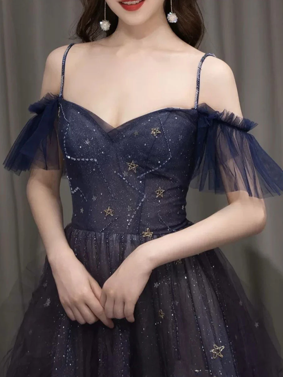 Elegant Off the Shoulder Straps Ombre Purple Tulle Long Prom Dresses