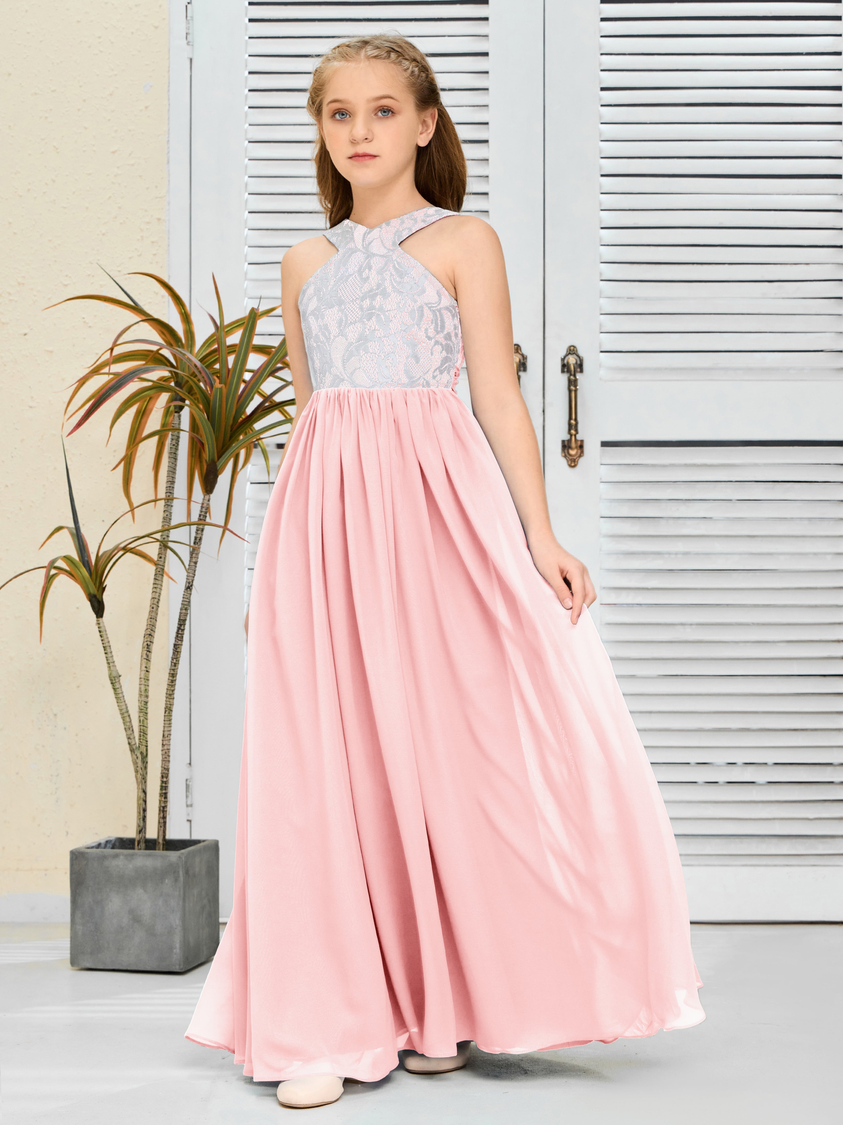 Lace Sleeveless Chiffon Junior Bridesmaid Dress With Belt