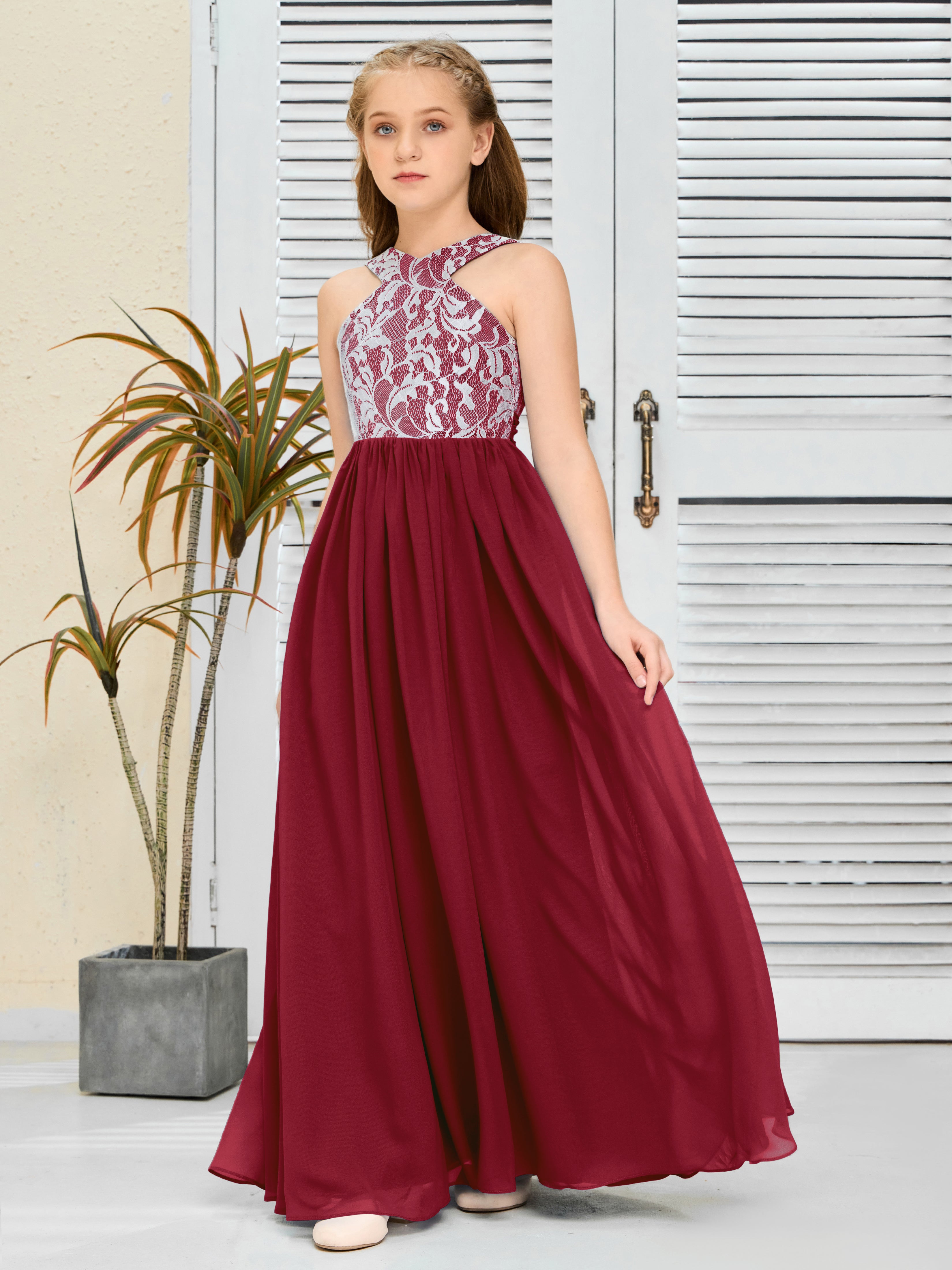 Lace Sleeveless Chiffon Junior Bridesmaid Dress With Belt