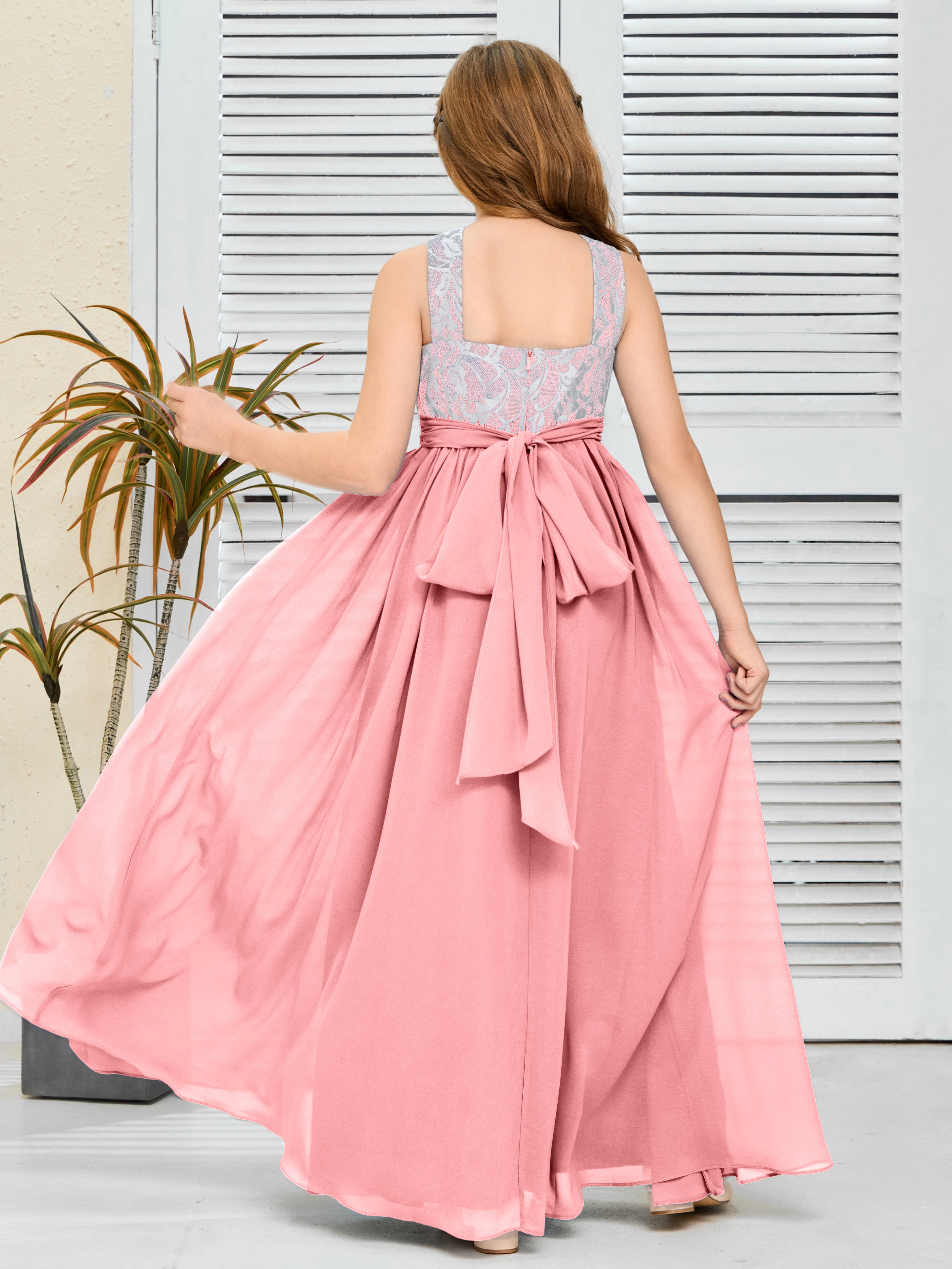 Lace Sleeveless Chiffon Junior Bridesmaid Dress With Belt