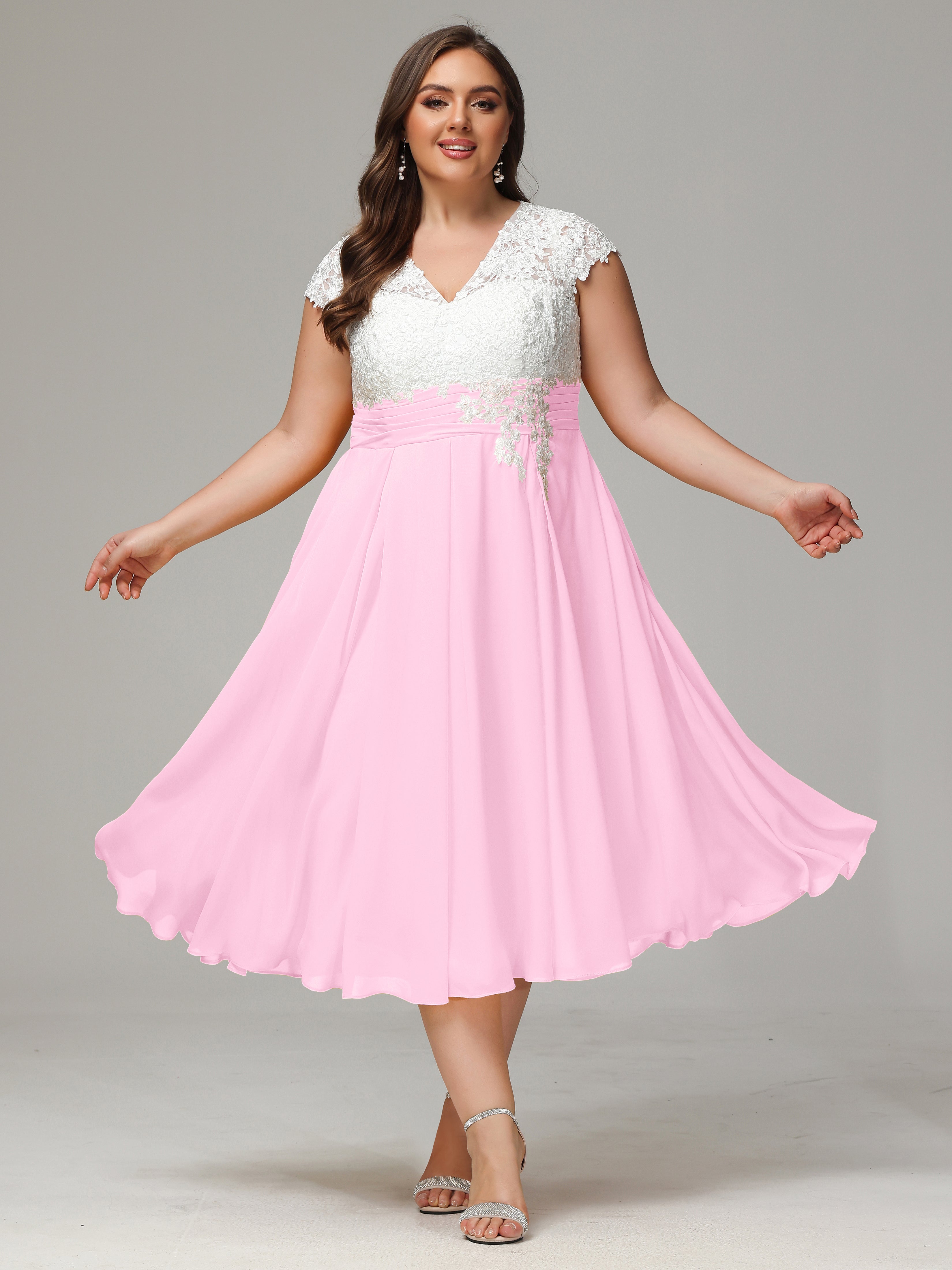 Pink tea length bridesmaid dresses best sale