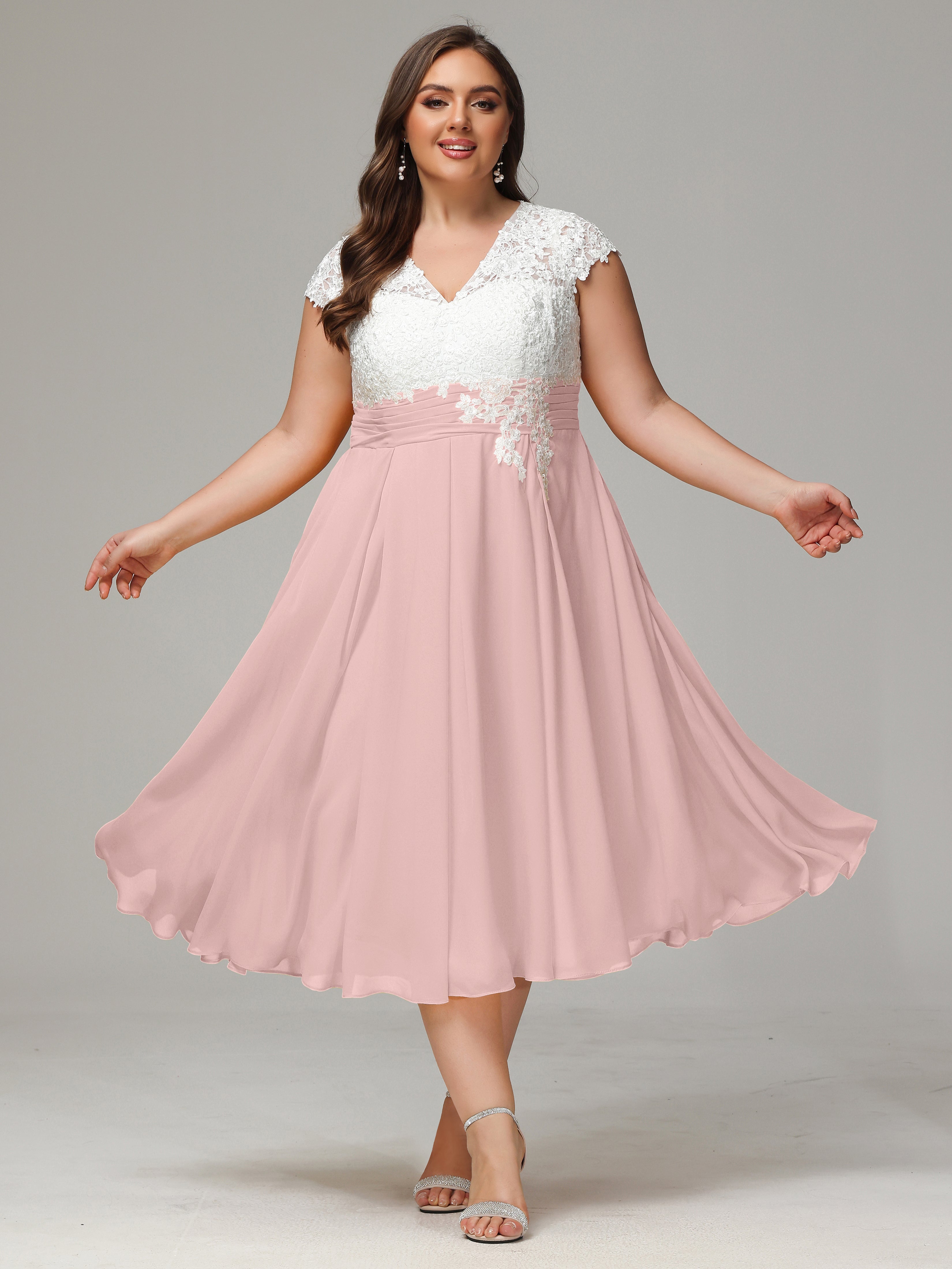 Lace Tea Length Chiffon Plus Size Bridesmaid Dresses