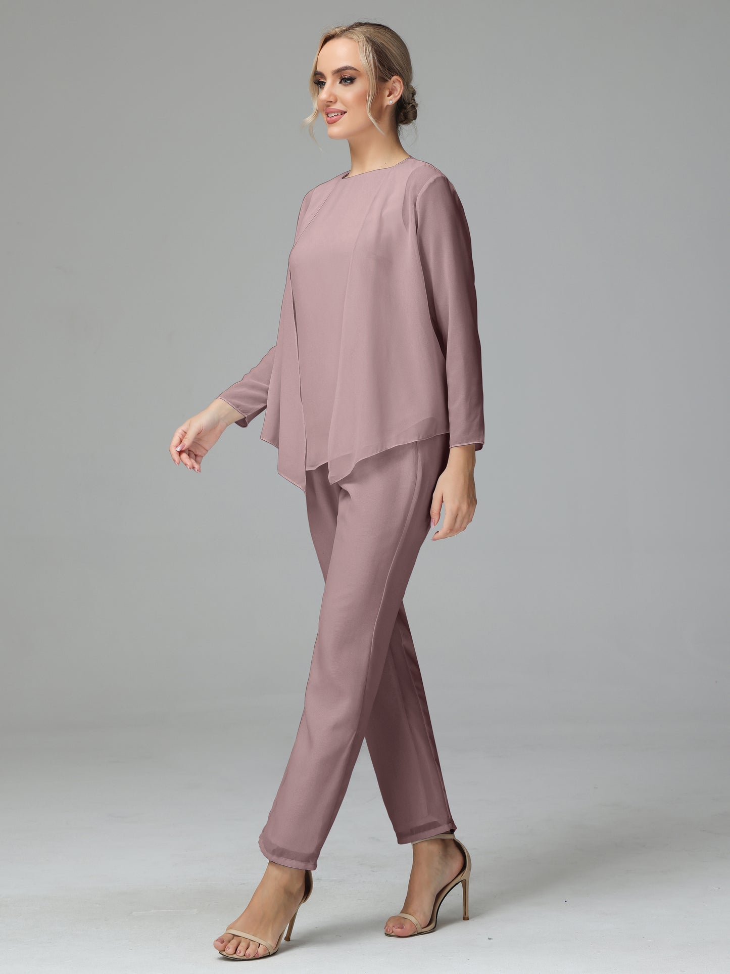 Long Sleeves 3 Pieces Chiffon Mother of Bride Dress Pant Suits