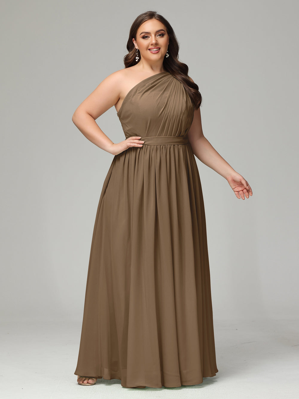 Mocha Bridesmaid Dress One Shoulder Sash Chiffon Plus Size Bridesmaid