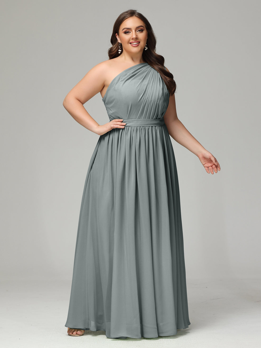 Steel Grey Bridesmaid Dress One Shoulder Sash Chiffon Plus Size Brides