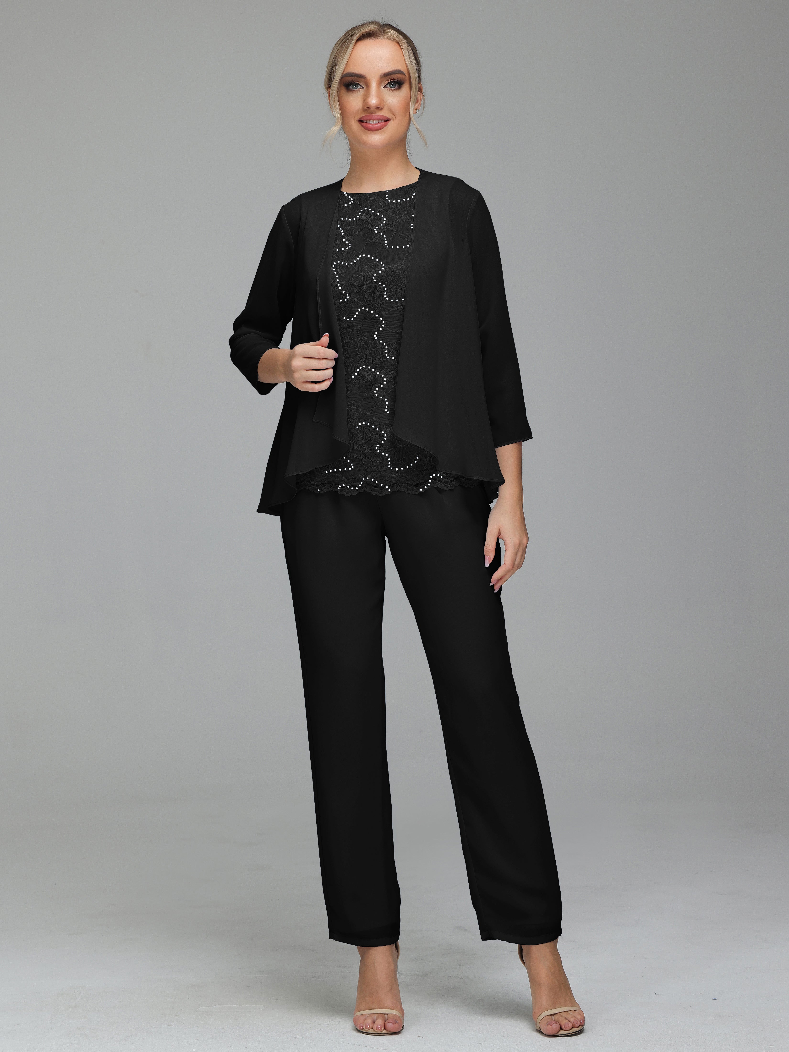 3 Pieces Chiffon Mother of Bride Dress Pant Suits | Cicinia