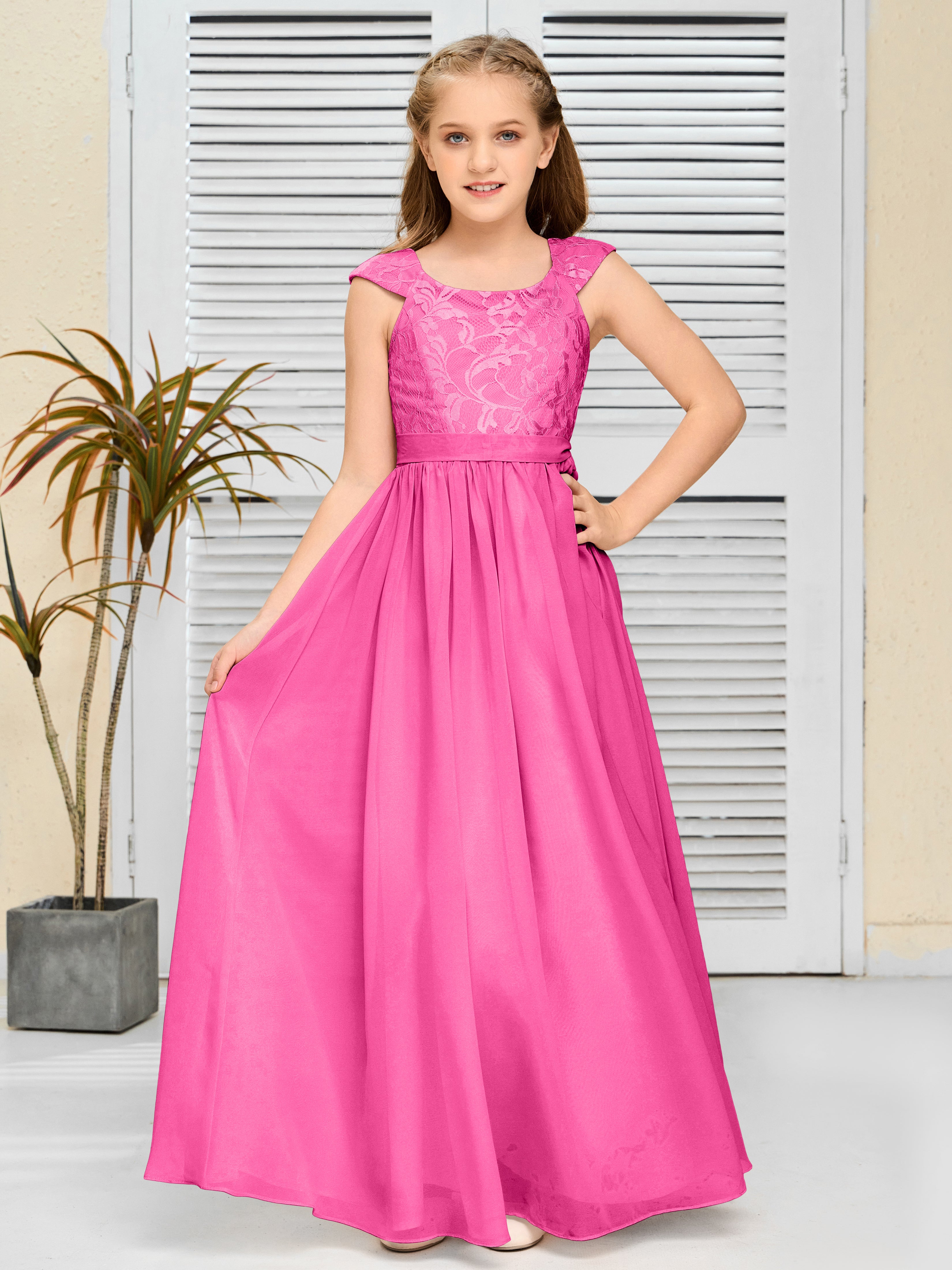 Round Neck Cap Sleeves Chiffon Junior Bridesmaid Dress