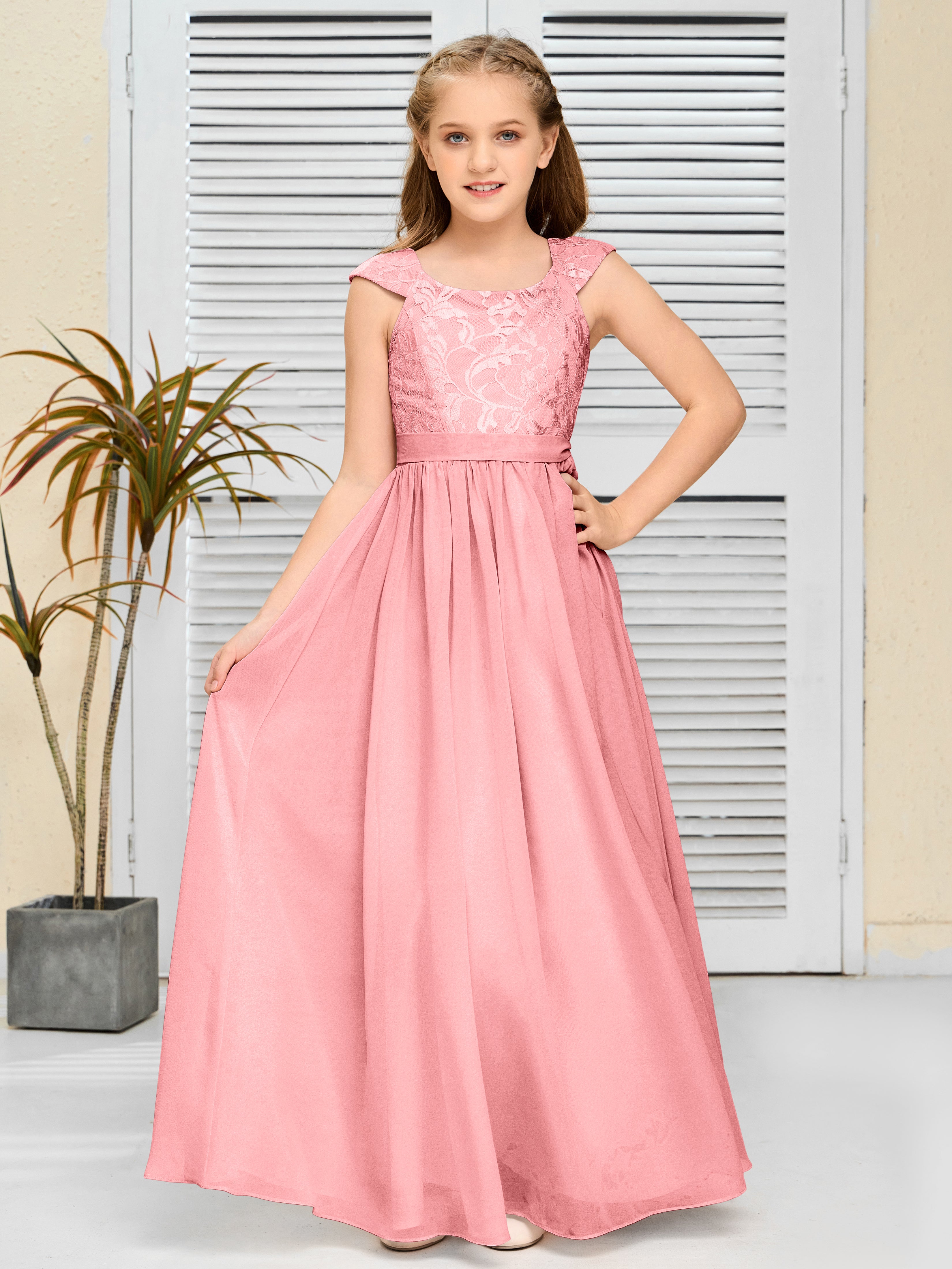 Round Neck Cap Sleeves Chiffon Junior Bridesmaid Dress