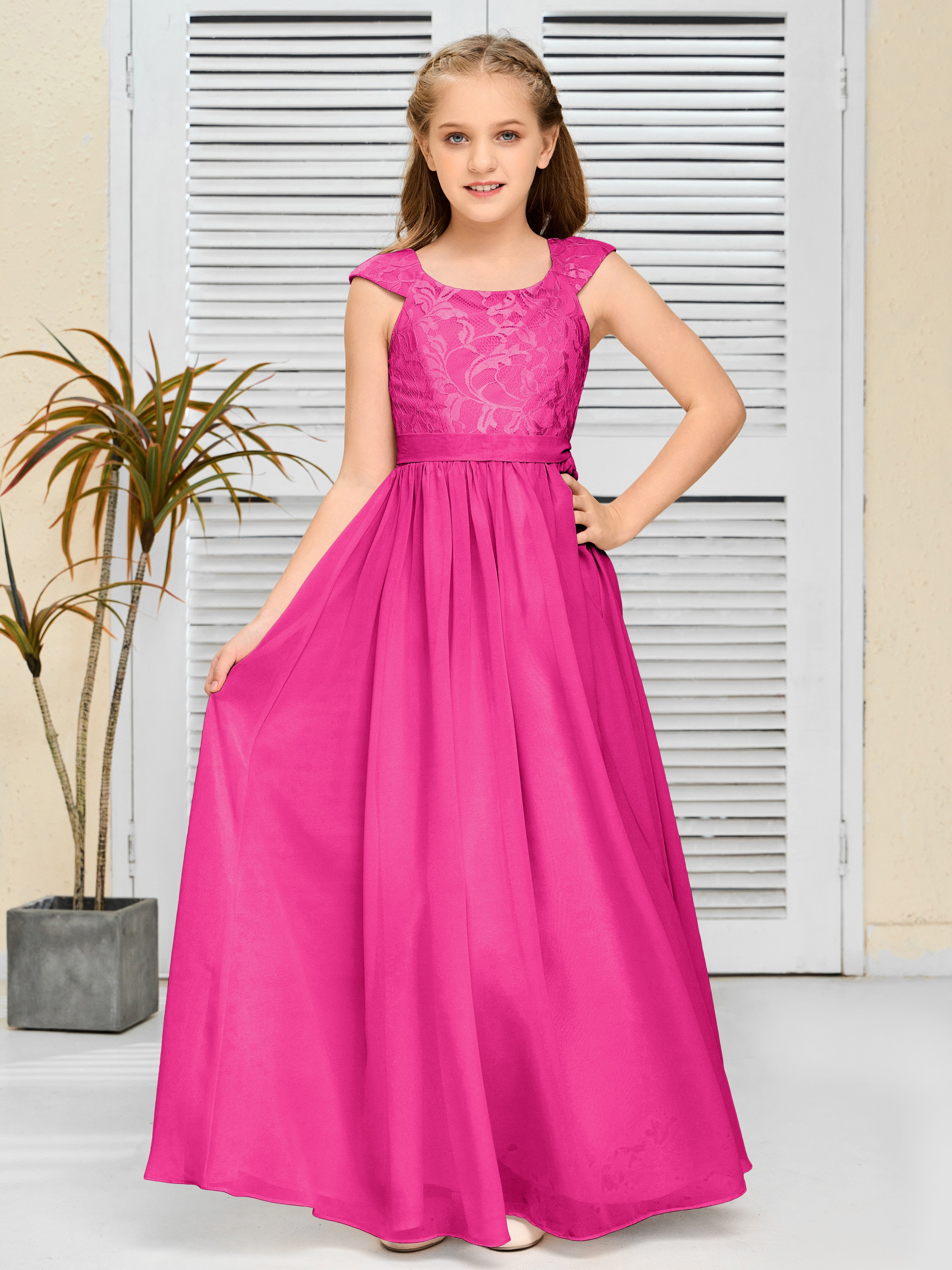 Round Neck Cap Sleeves Chiffon Junior Bridesmaid Dress