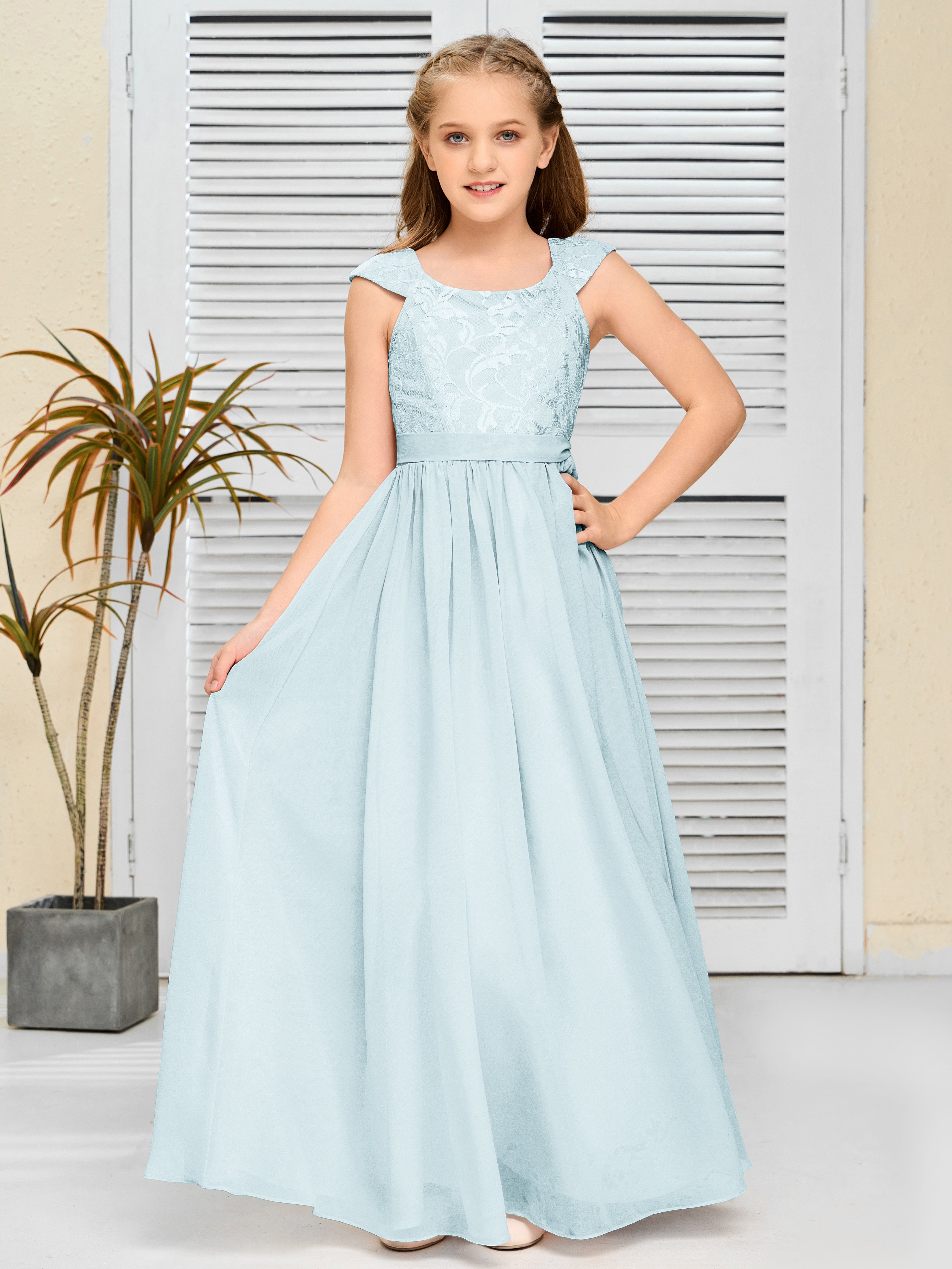 Round Neck Cap Sleeves Chiffon Junior Bridesmaid Dress